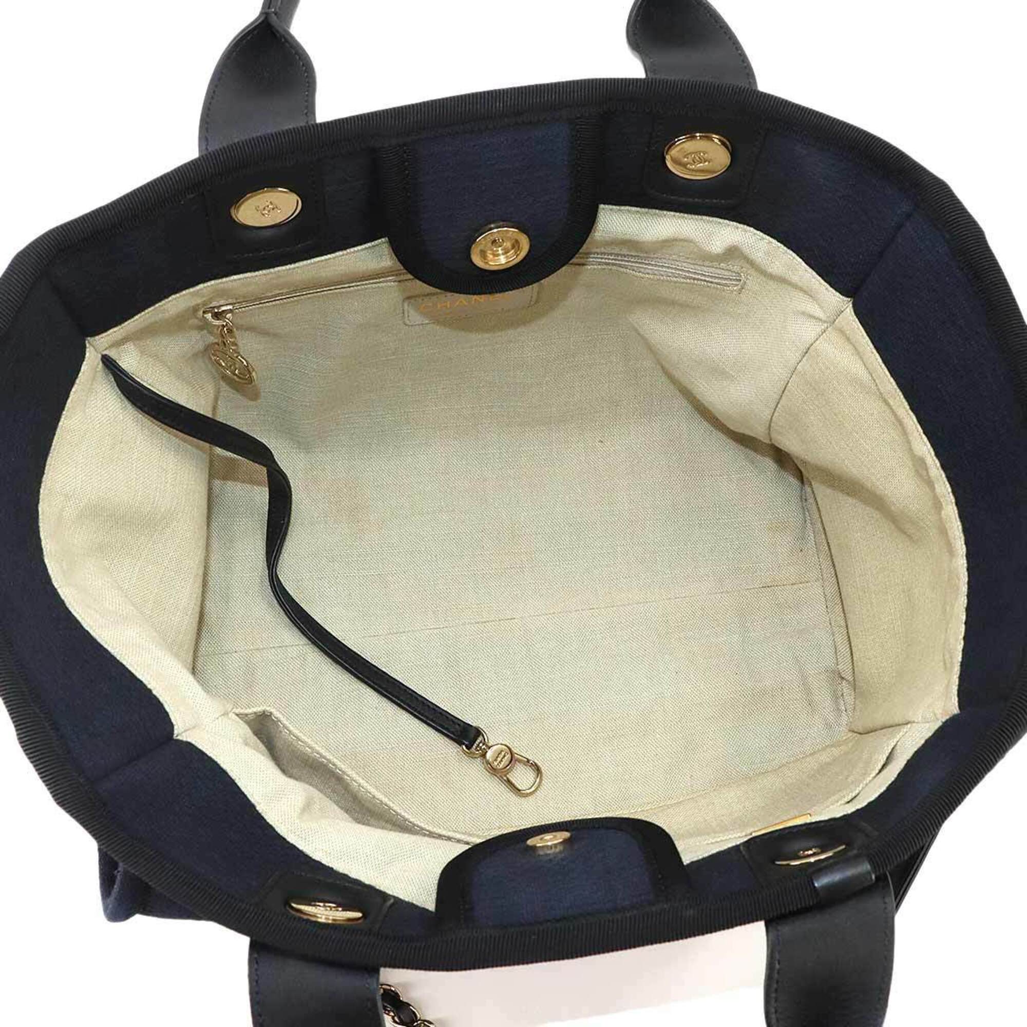 Chanel Navy Canvas Leather Handbag Shopping Bag Tote Bag (Pre-Owned)