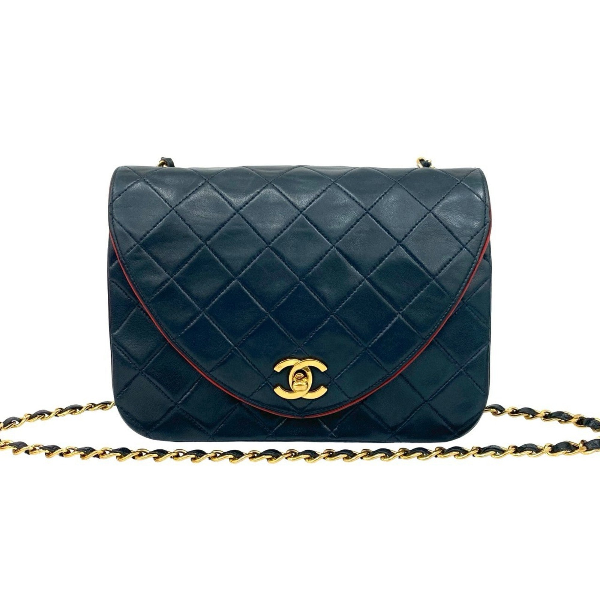 Chanel Navy Red Color Leather Shoulder Bag (Pre-Owned)