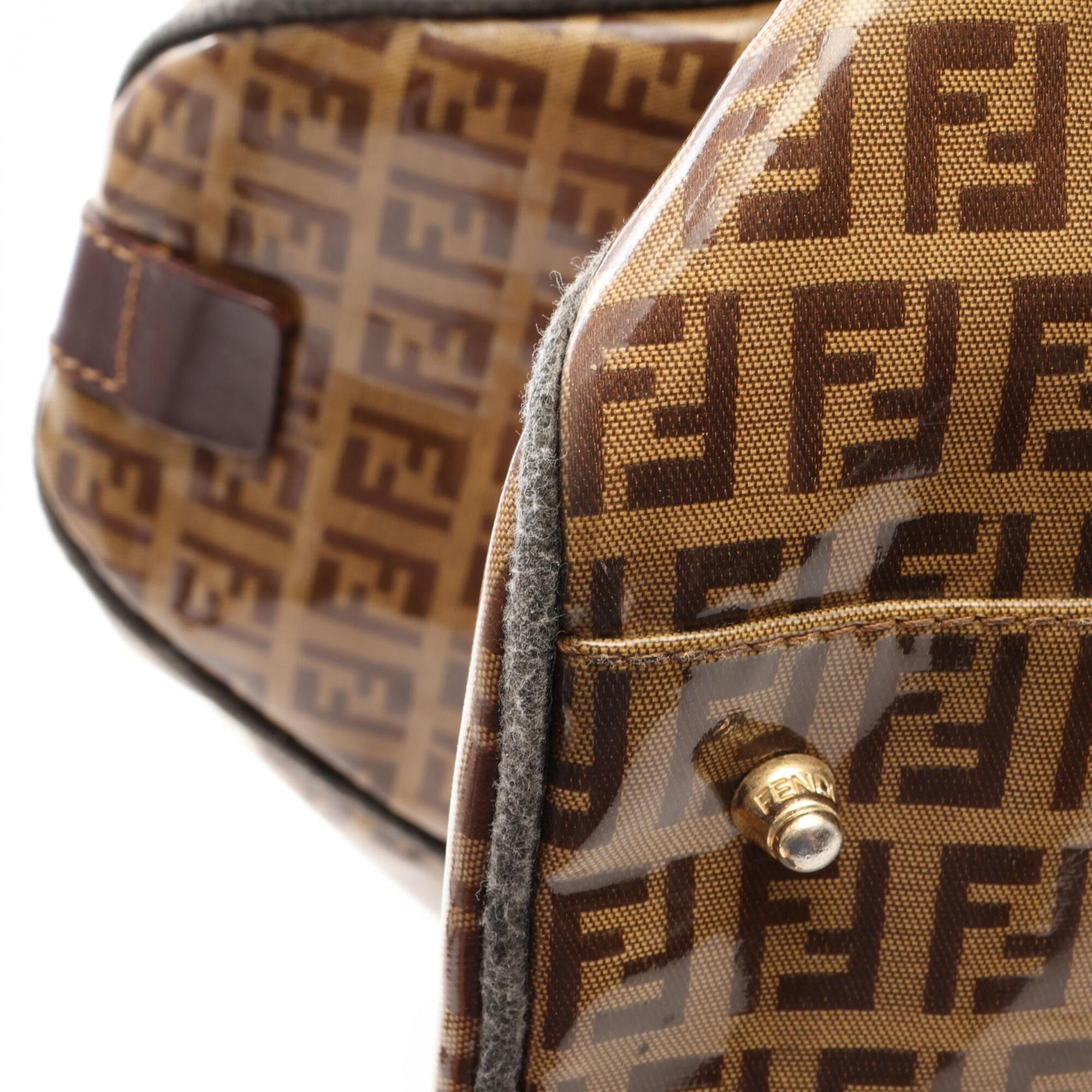 Fendi Beige Brown Canvas Leather Boston Bag Handbag (Pre-Owned)