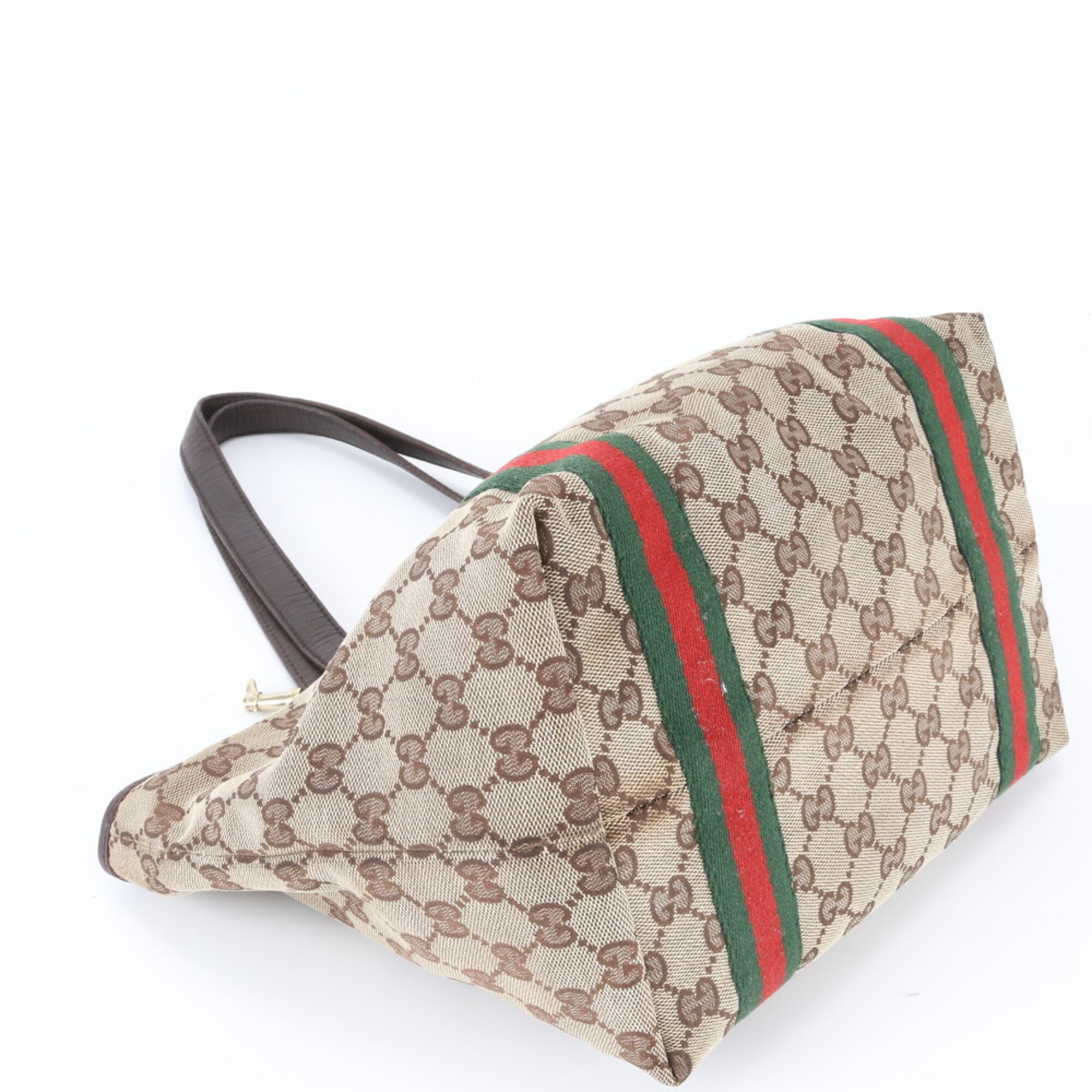 Gucci Sherry Line Brown Leather Canvas Handbag Tote Bag (Pre-Owned)