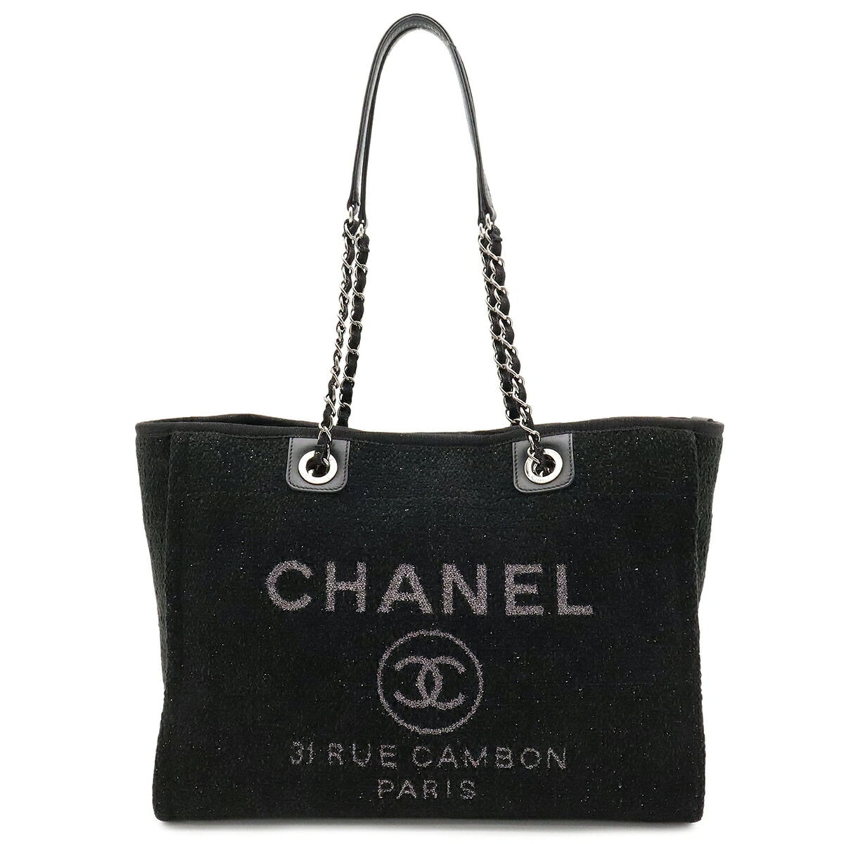Chanel Black Gray Cotton Leather Shoulder Bag Tote Bag (Pre-Owned)
