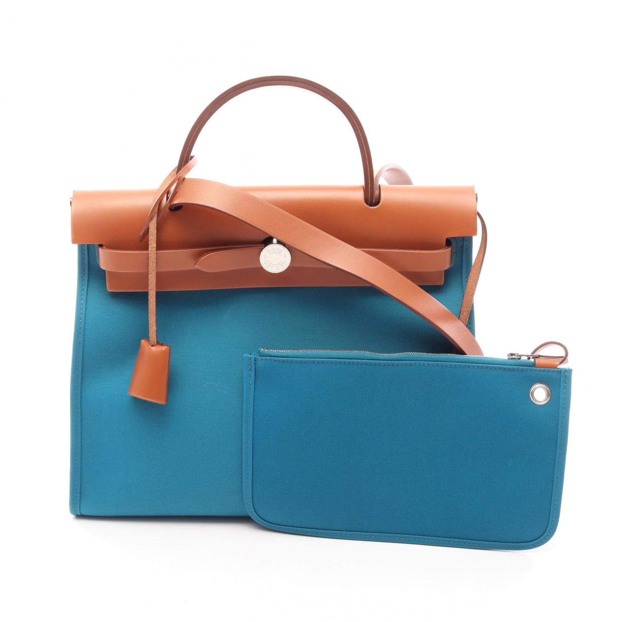 Hermes Blue Brown Canvas Toile Officier Handbag (Pre-Owned)