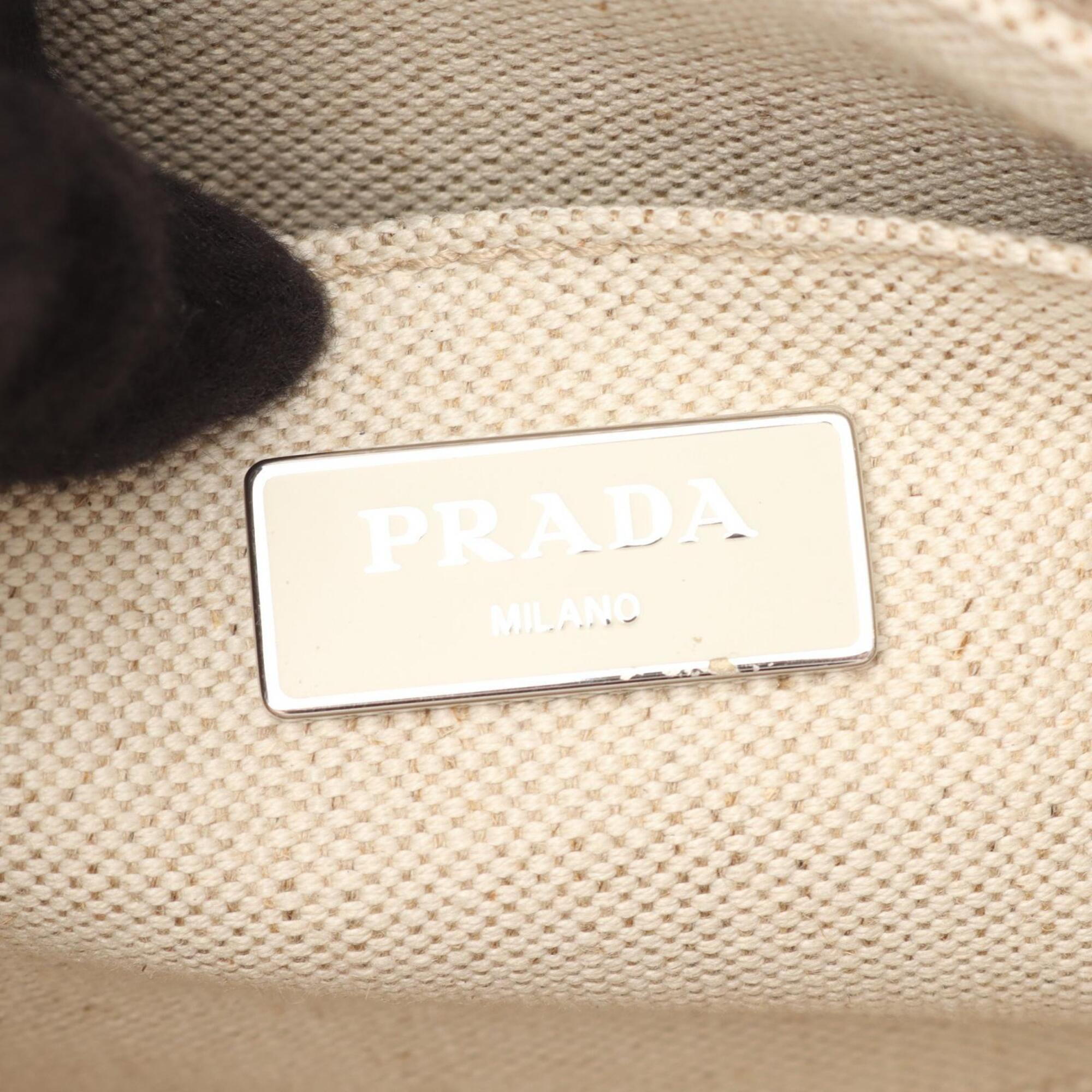 Prada Beige White Canapa Handbag Tote Bag (Pre-Owned)