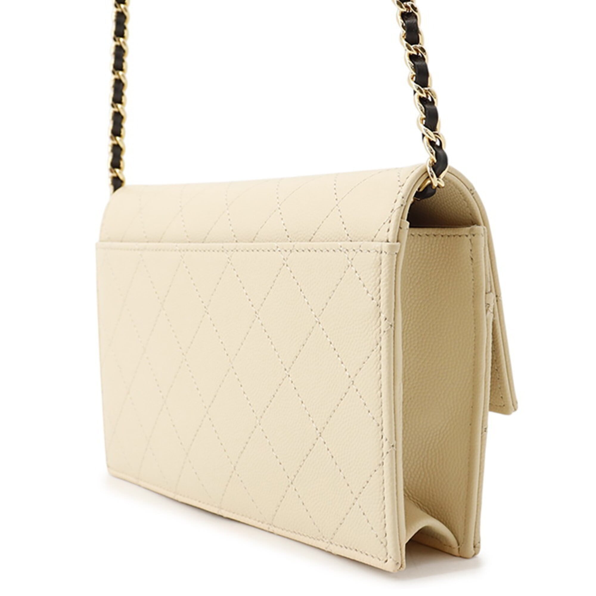Chanel Beige Black Grained Calfskin Chain/Shoulder Wallet (Pre-Owned)