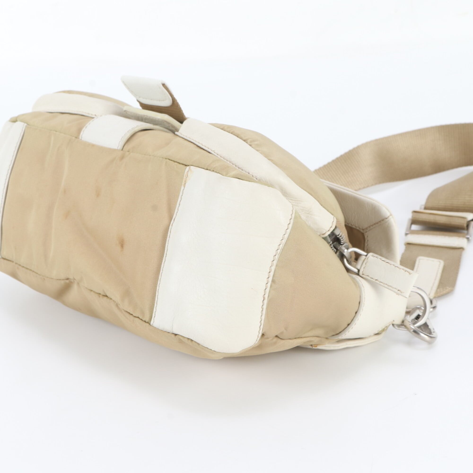 Prada Beige White Leather Nylon Messenger Bag Shoulder Bag (Pre-Owned)