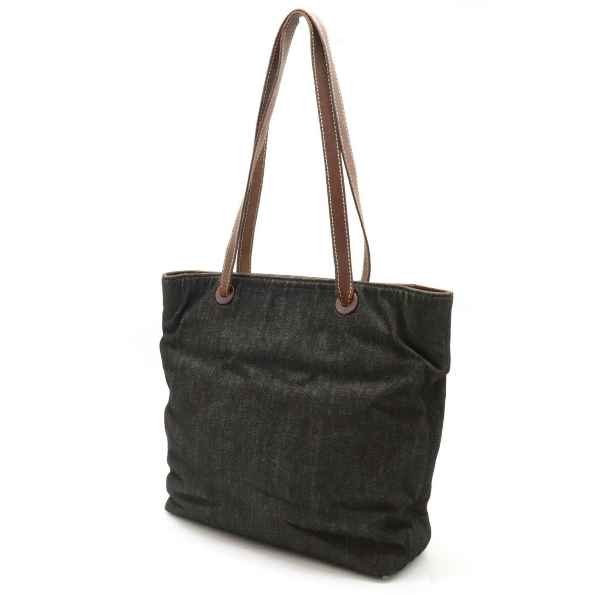 Chanel Denim Black Dark Brown Denim Leather Shoulder Bag Tote Bag (Pre-Owned)