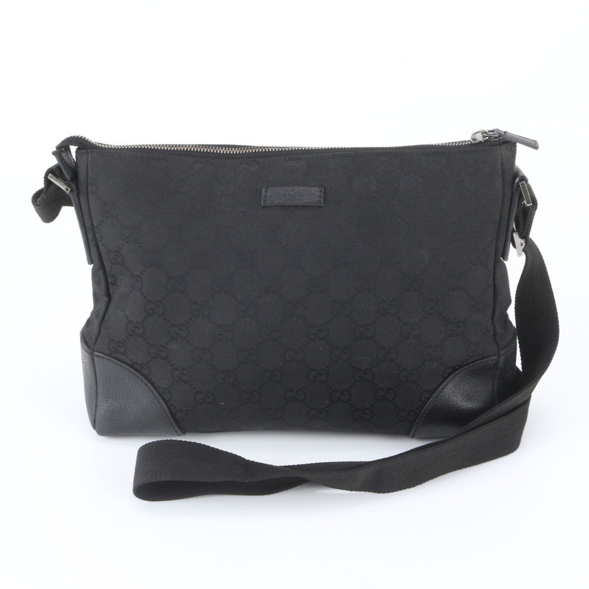 Gucci Black Leather Canvas Messenger Bag Shoulder Bag Tote Bag (Pre-Owned)