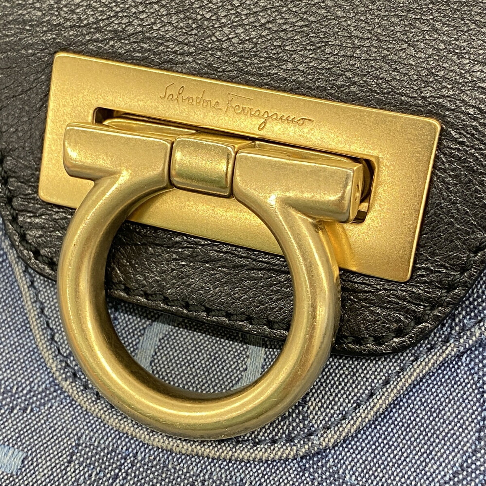 Salvatore Ferragamo Black Blue Canvas Handbag (Pre-Owned)