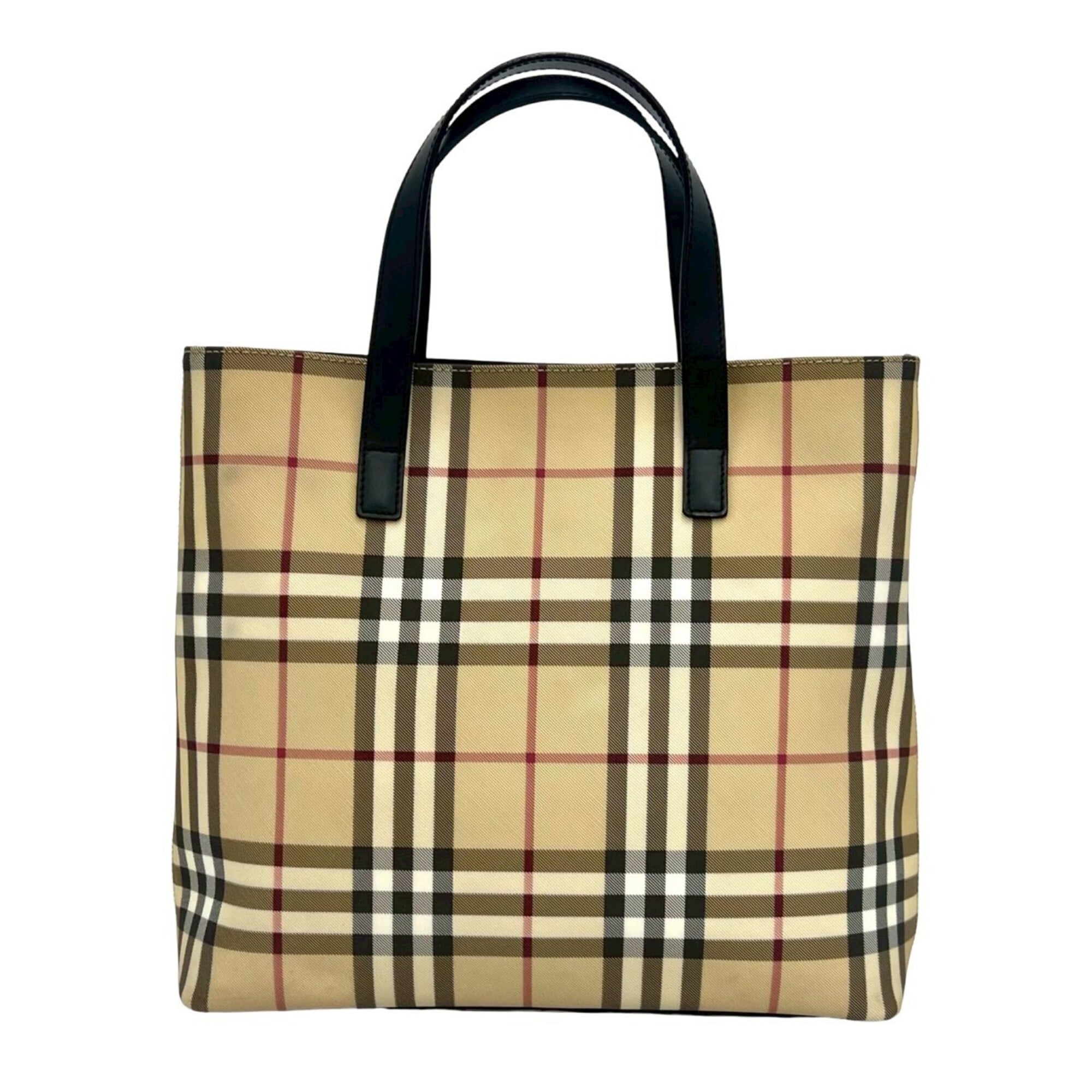Burberry Beige Black Canvas Leather Handbag Tote Bag (Pre-Owned)