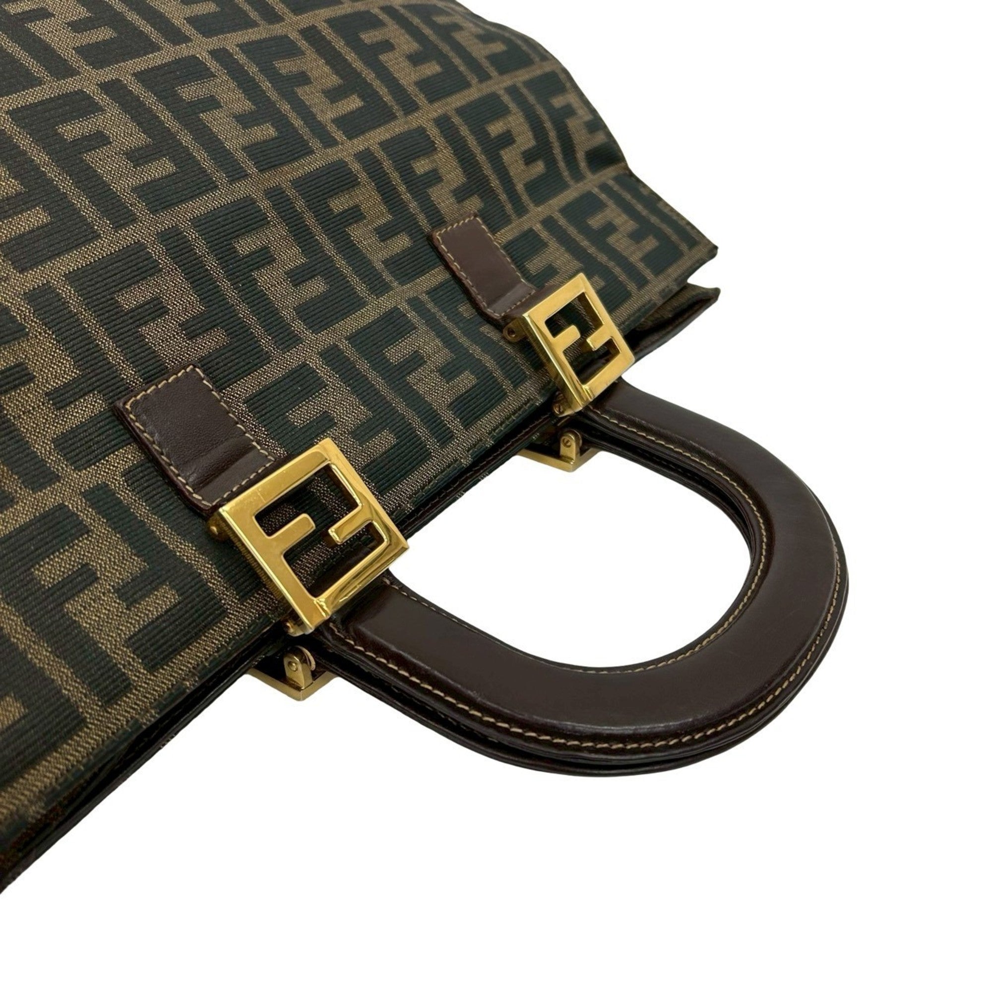 Fendi Black Brown Khaki Canvas Leather Handbag Tote Bag (Pre-Owned)