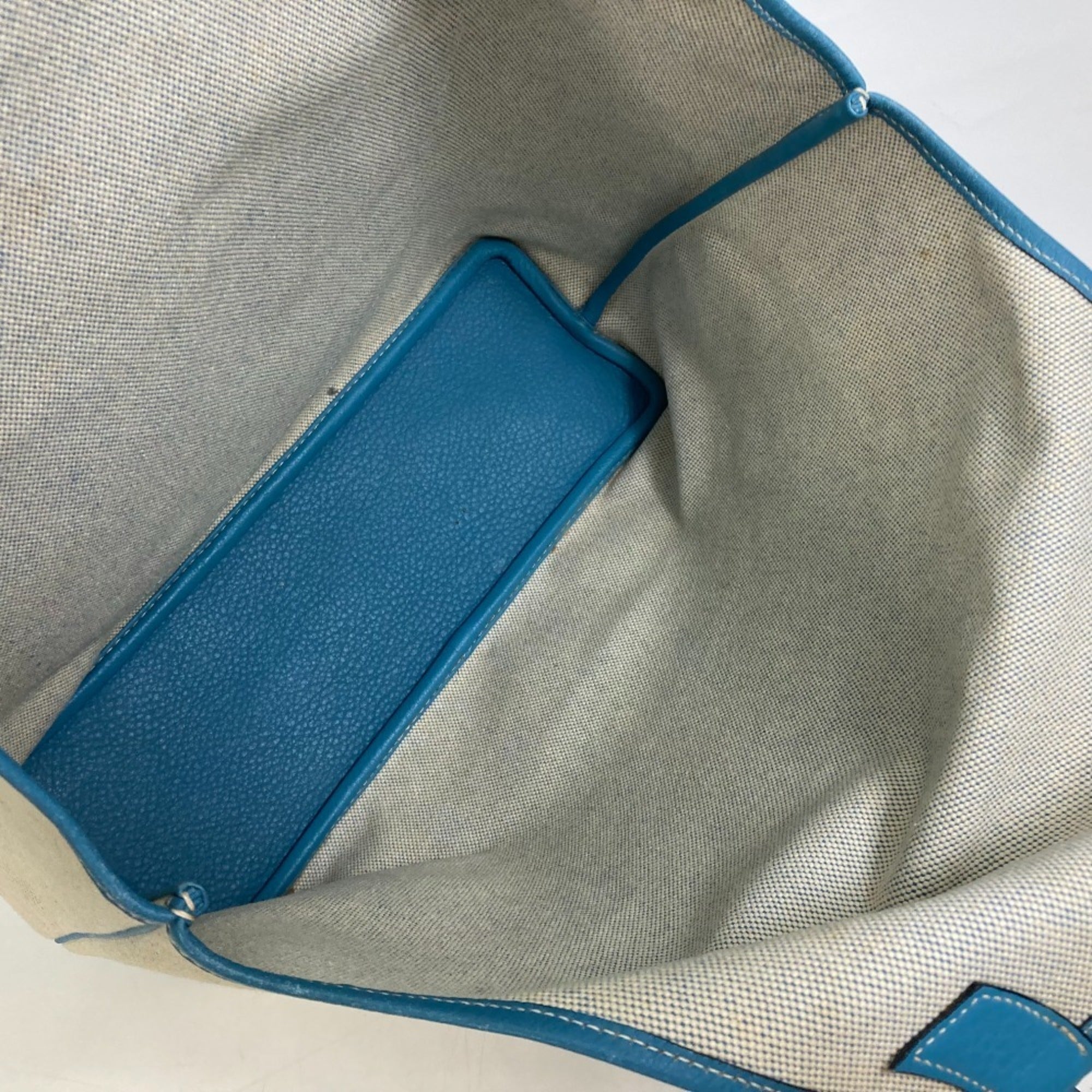 Hermes Jardinier Blue Natural Toile H Taurillon Clemence Leather Shoulder Bag Tote Bag (Pre-Owned)