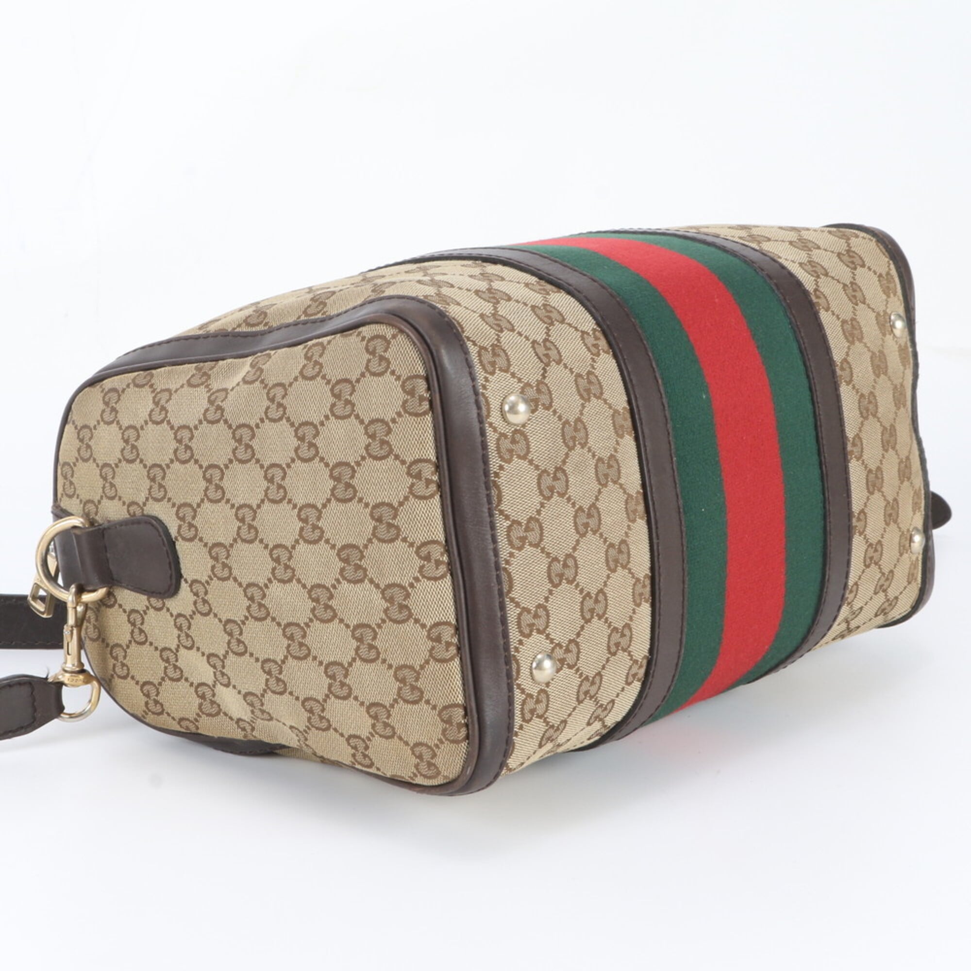 Gucci Brown Leather Canvas Boston Bag Handbag Shoulder Bag (Pre-Owned)