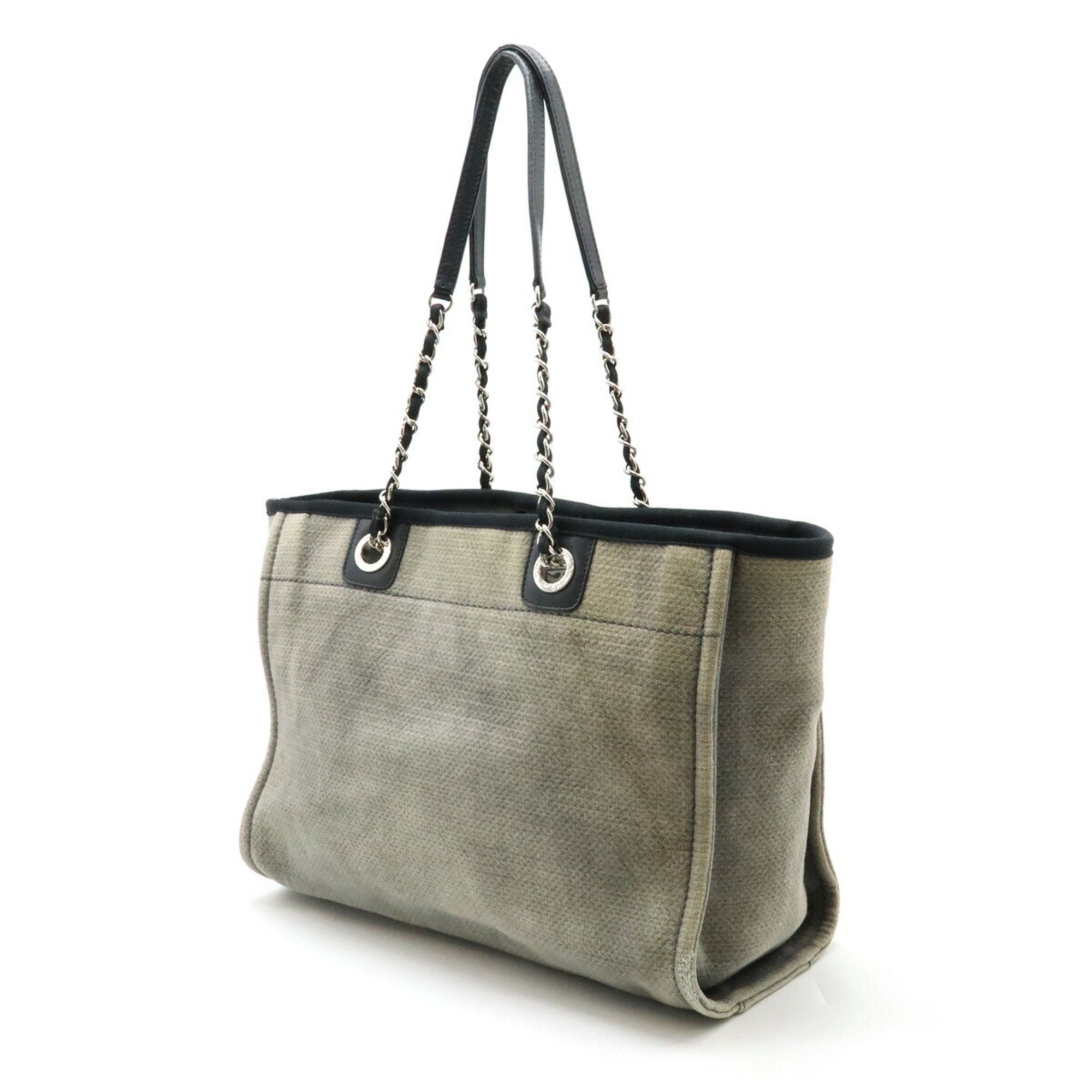 Chanel Black Gray Canvas Leather Shoulder Bag Tote Bag (Pre-Owned)
