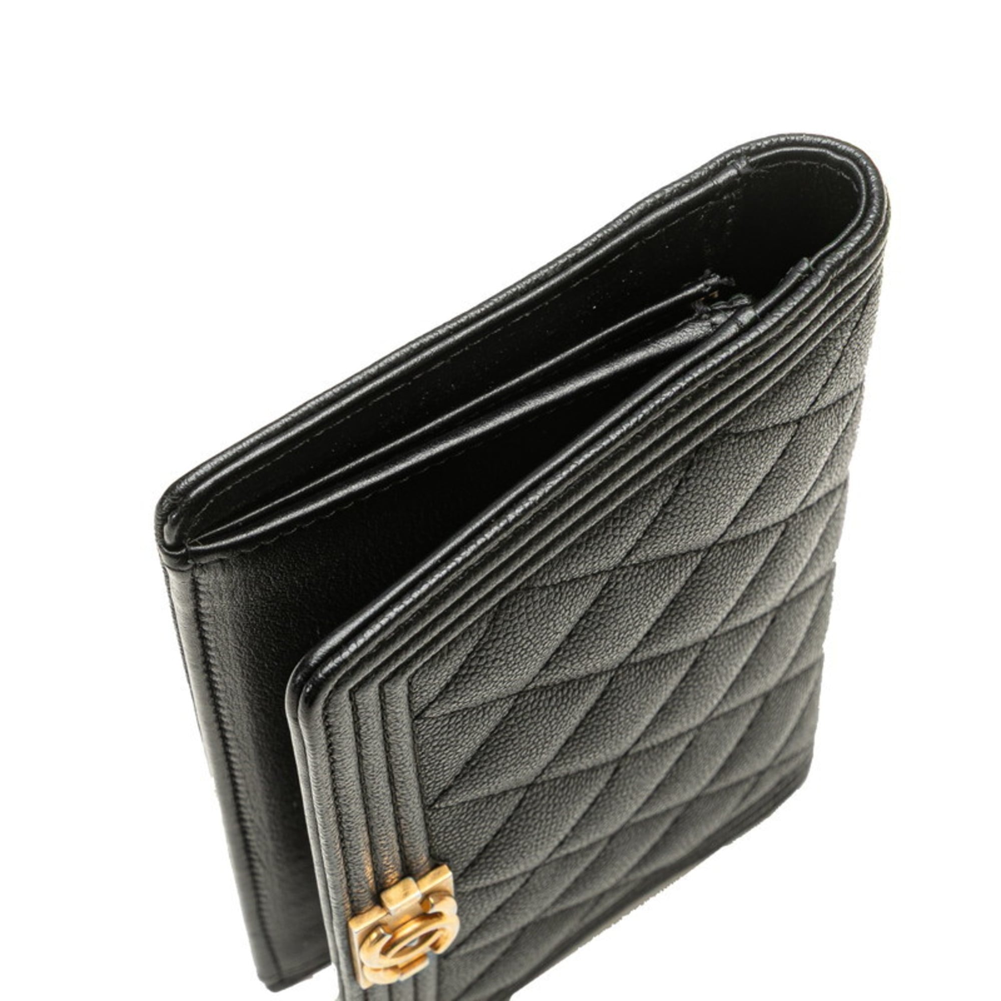 Chanel Boy Chanel Black Grained Calfskin Long Wallet (Bi-Fold) (Pre-Owned)