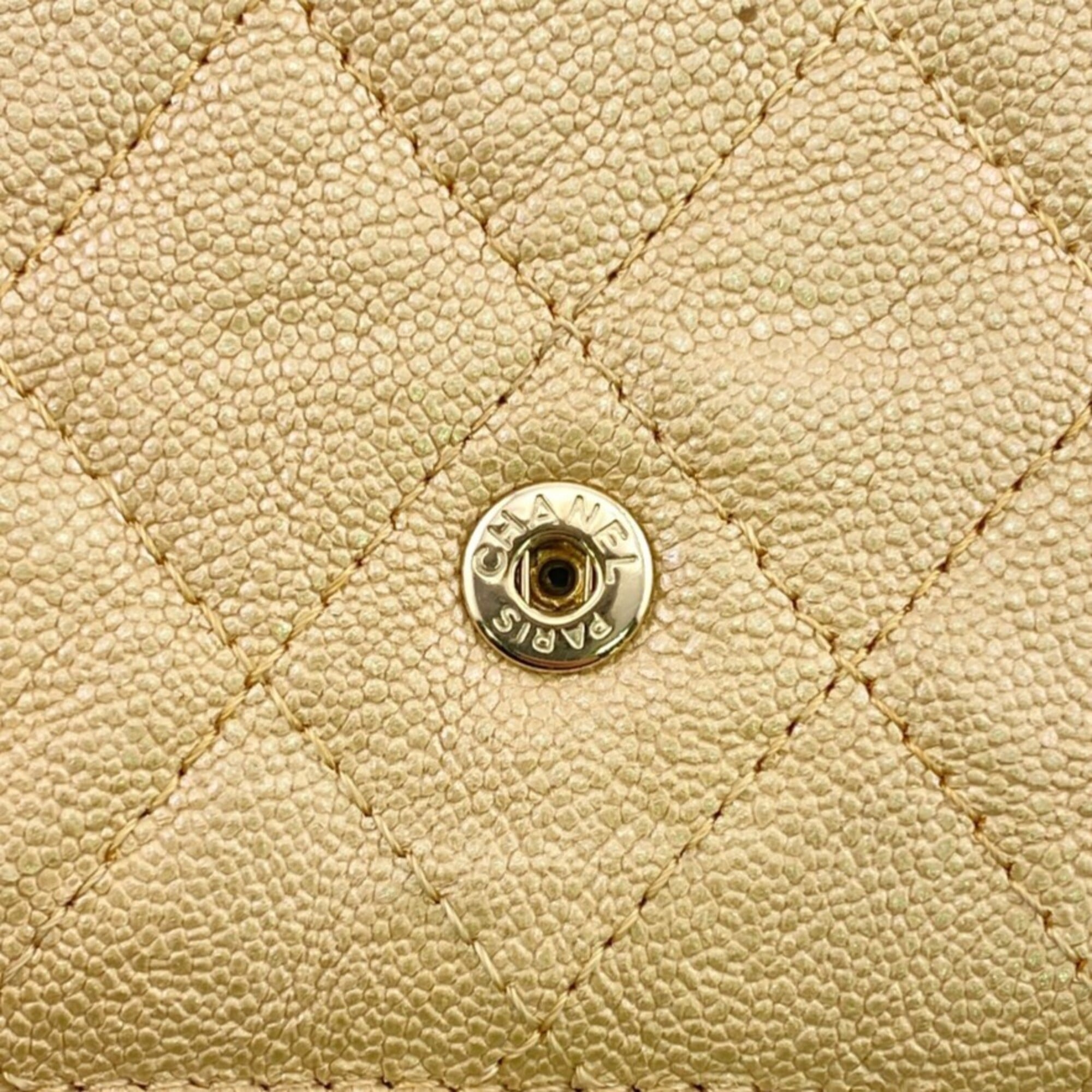 Chanel Beige Beige Gold Grained Calfskin Leather Wallet (Tri-Fold) (Pre-Owned)