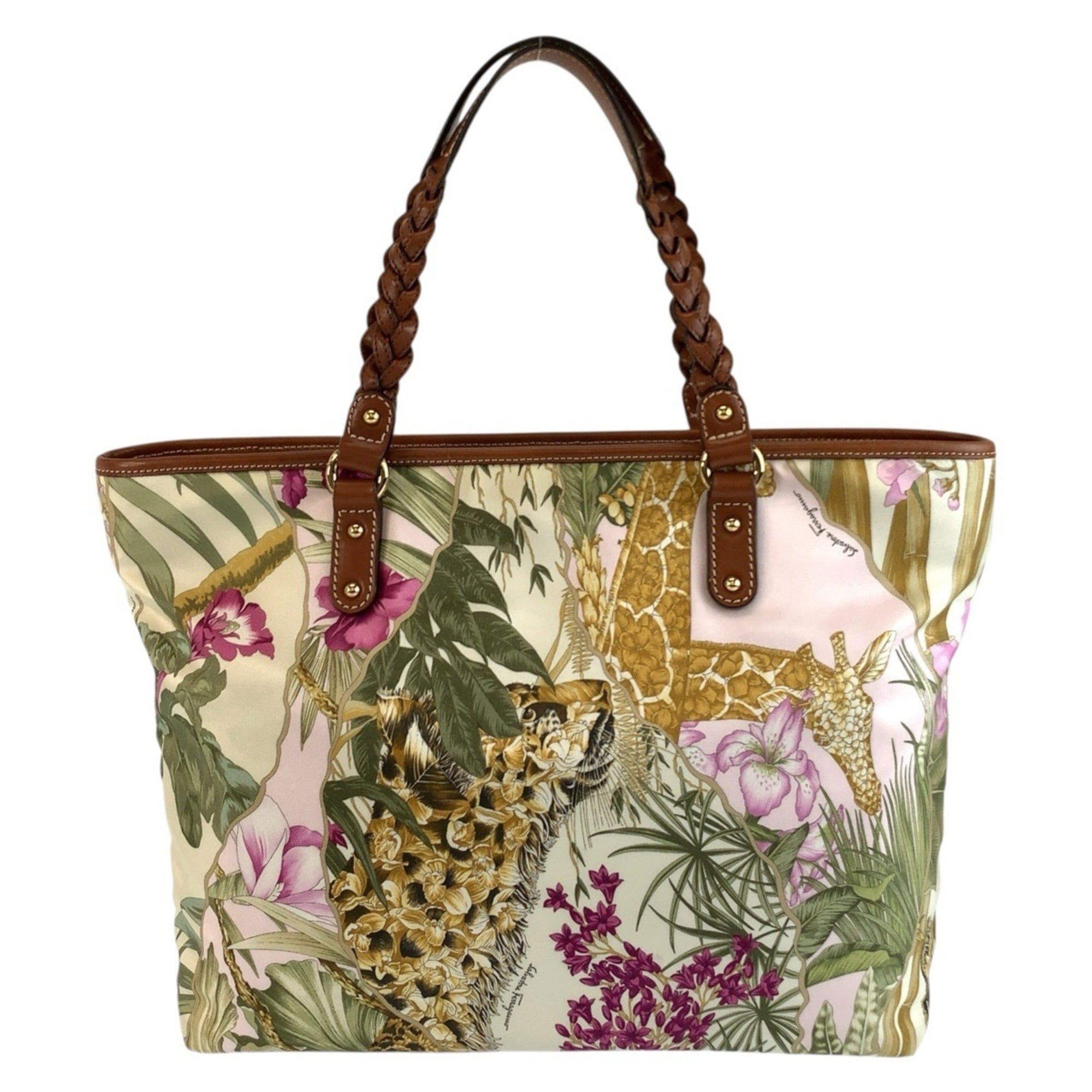 Salvatore Ferragamo Brown Multi-Color Nylon Leather Handbag Tote Bag (Pre-Owned)