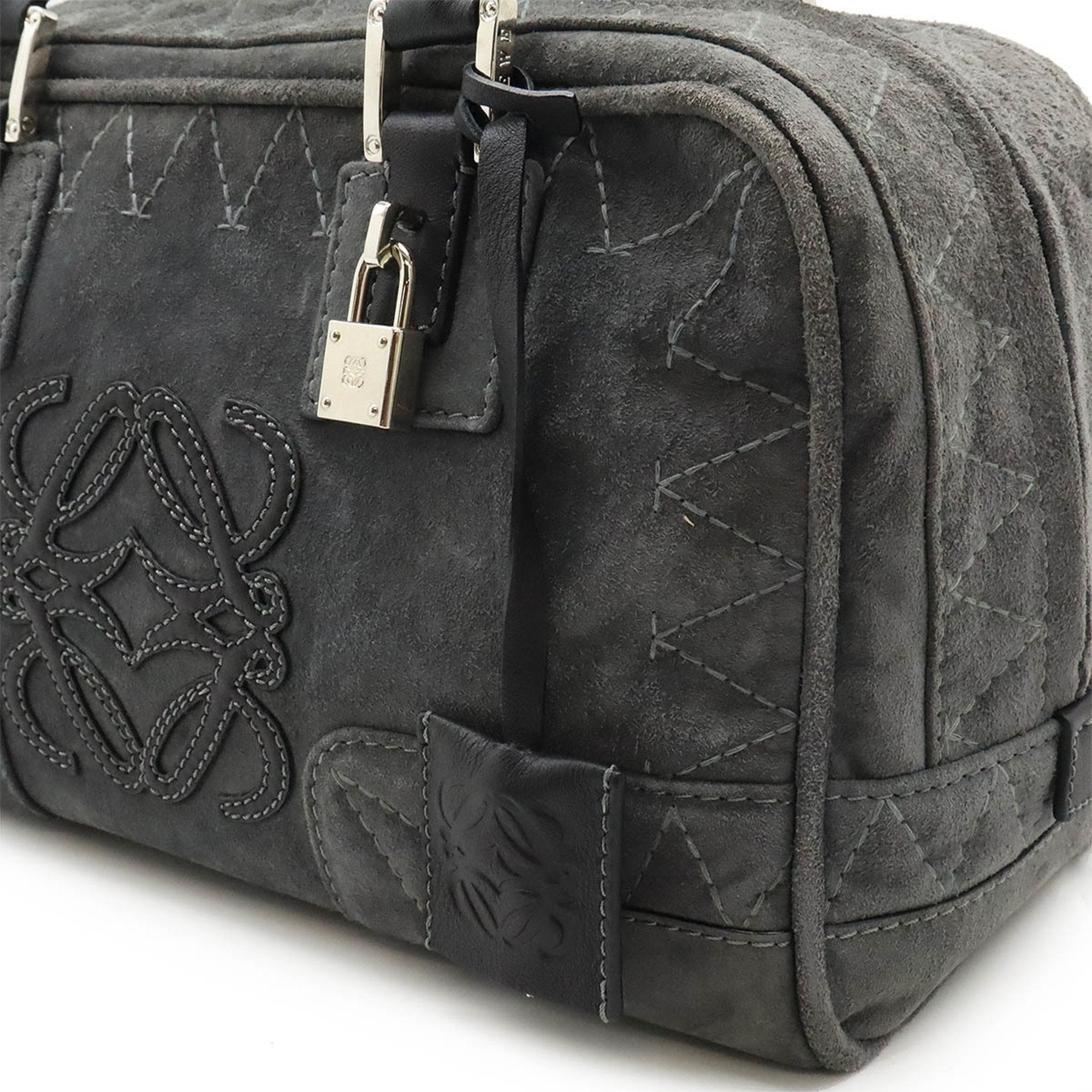 Loewe Black Gray Suede Leather Boston Bag Handbag (Pre-Owned)