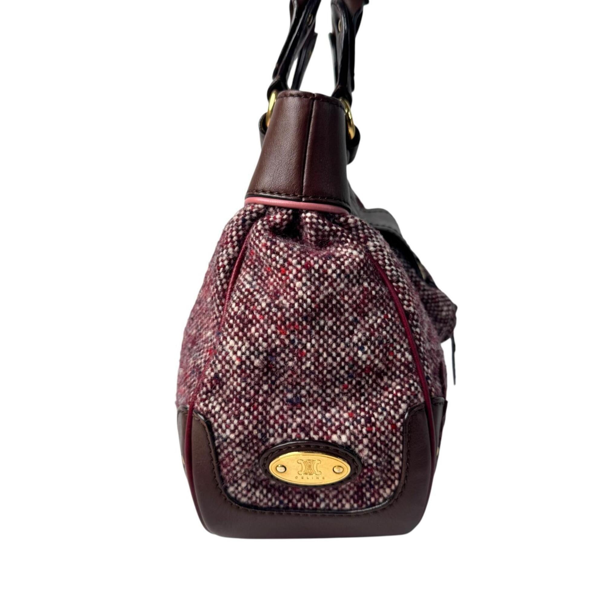 Celine Bordeaux Brown Pink Tweed Leather Handbag (Pre-Owned)