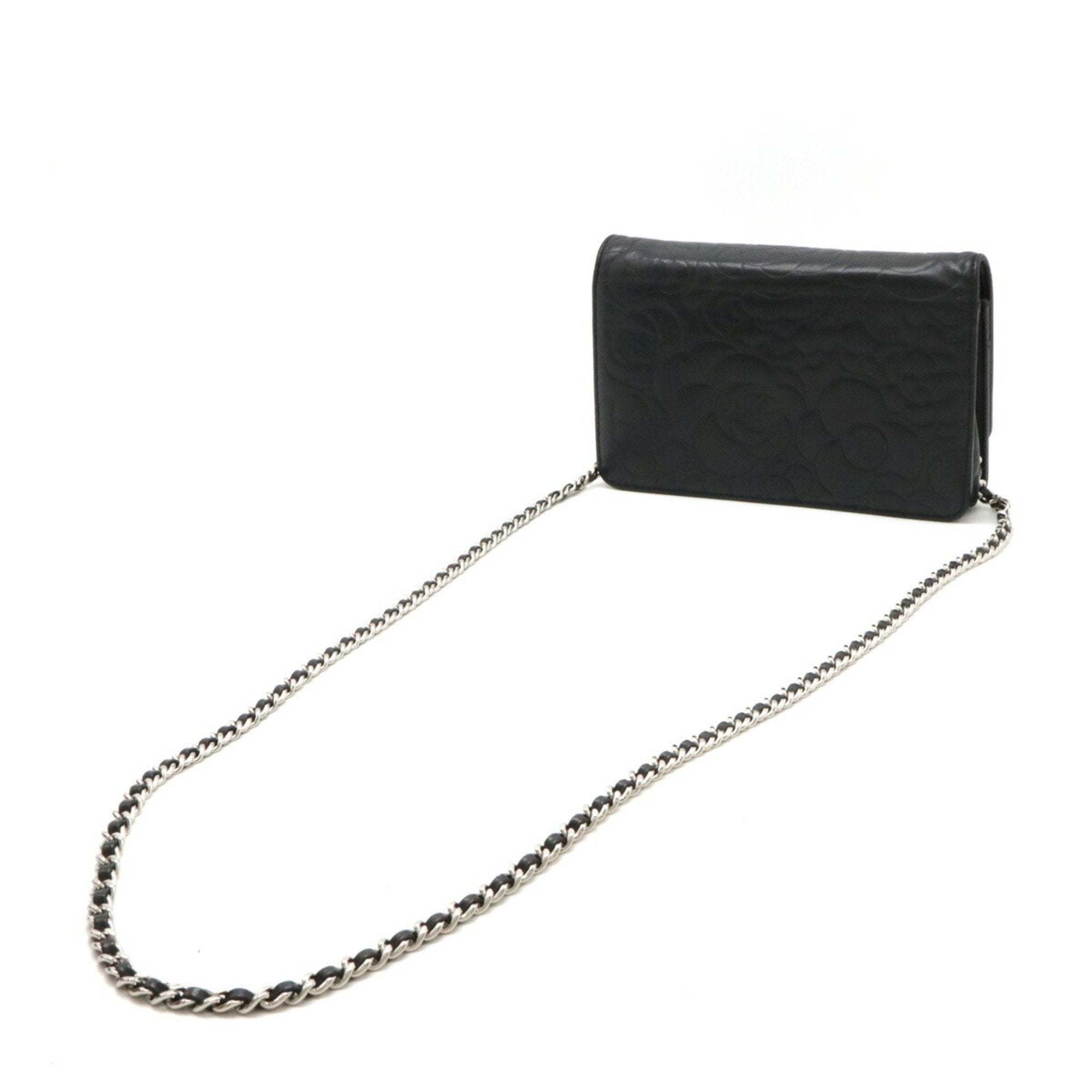 Chanel Camellia Black Leather Chain/Shoulder Wallet (Pre-Owned)