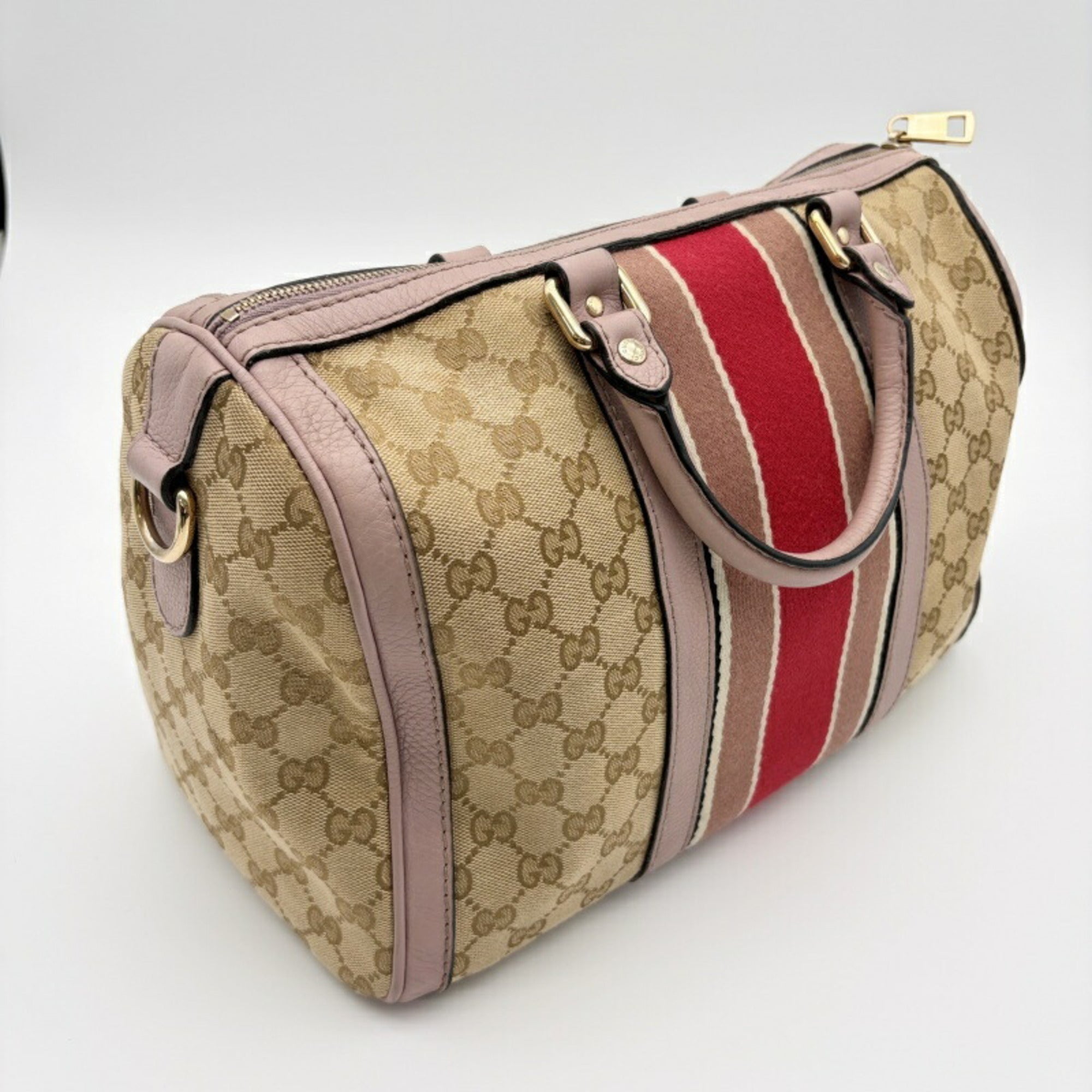 Gucci Sherry Line Beige Pink Canvas Leather Boston Bag (Pre-Owned)