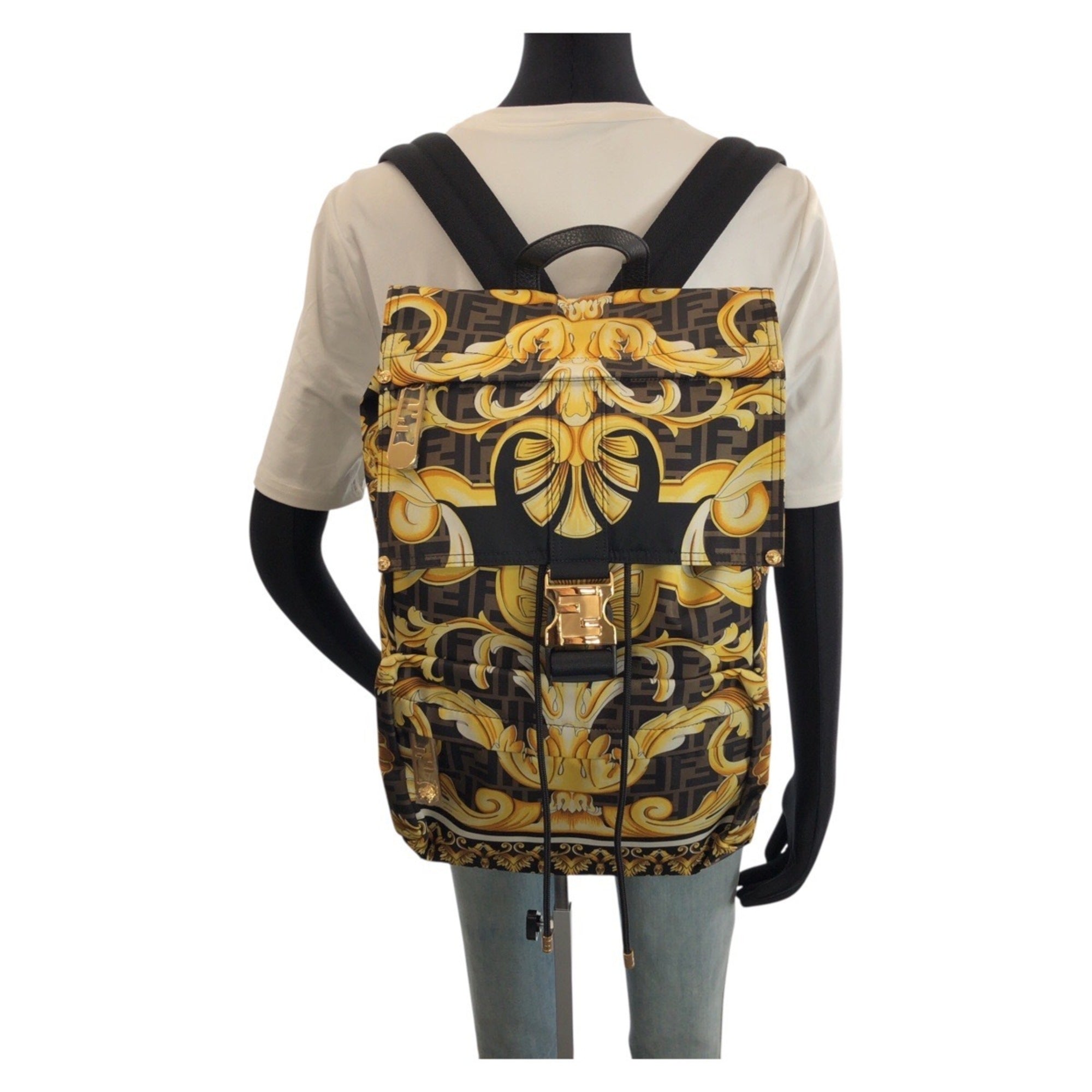 Fendi Black Brown Gold Yellow Nylon Backpack (Pre-Owned)