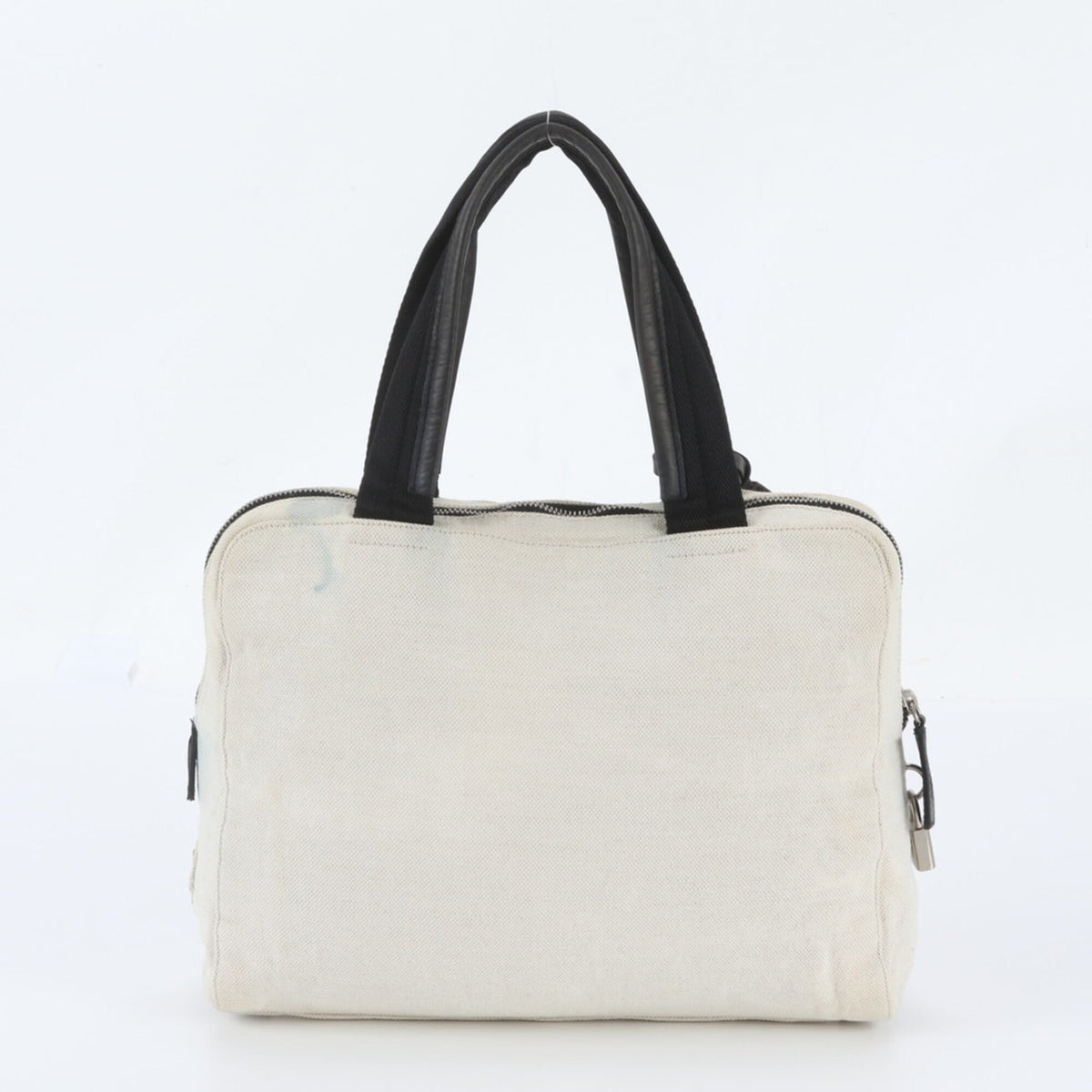 Prada Black White Leather Canvas Handbag Tote Bag (Pre-Owned)