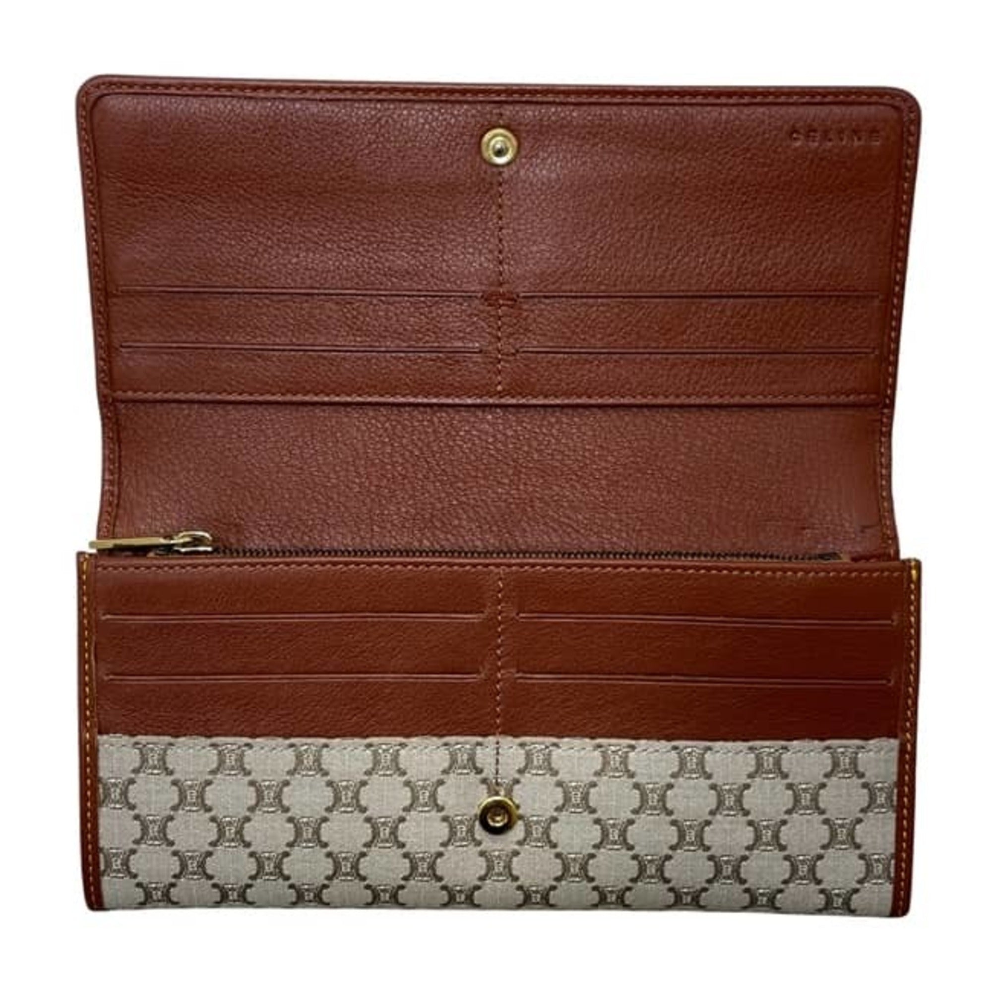 Celine Beige Brown Nylon Leather Long Wallet (Bi-Fold) (Pre-Owned)