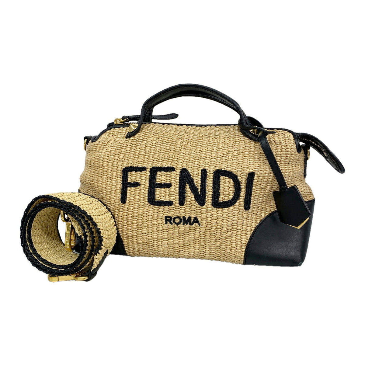 Fendi Beige Black Raffia Handbag (Pre-Owned)