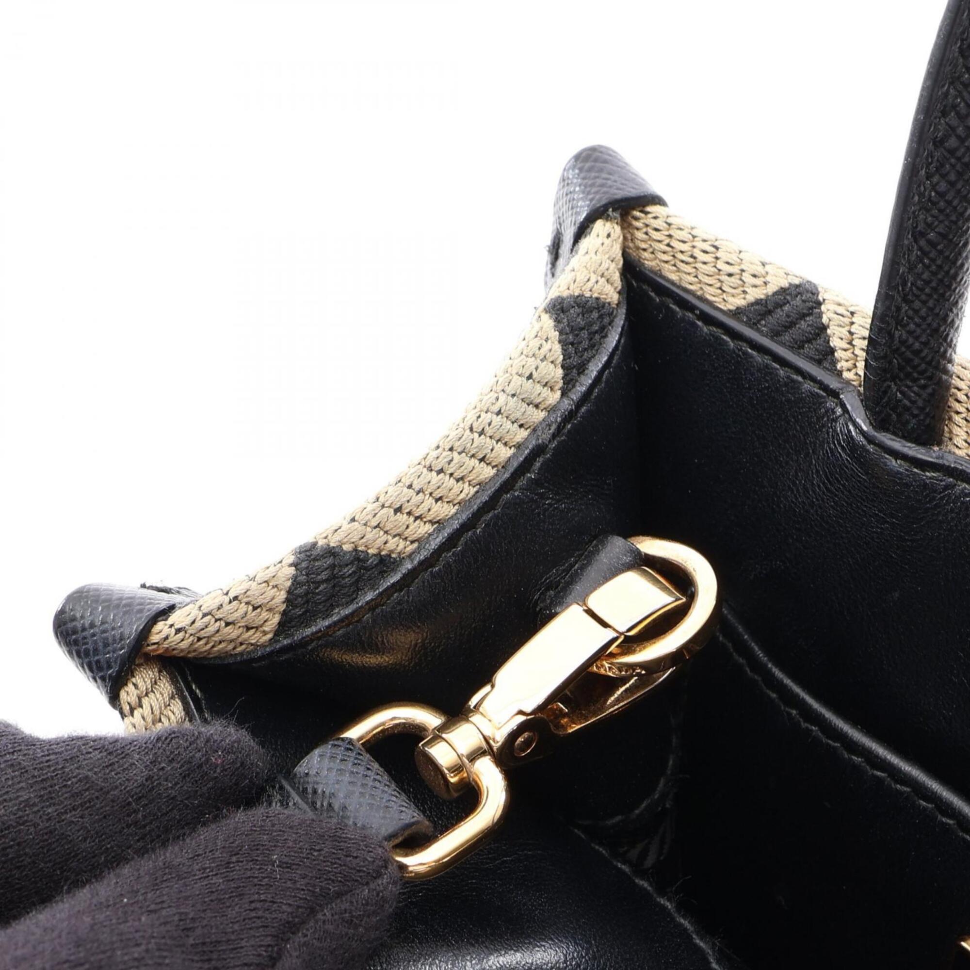 Prada Beige Black Canvas Saffiano Triangle Handbag (Pre-Owned)