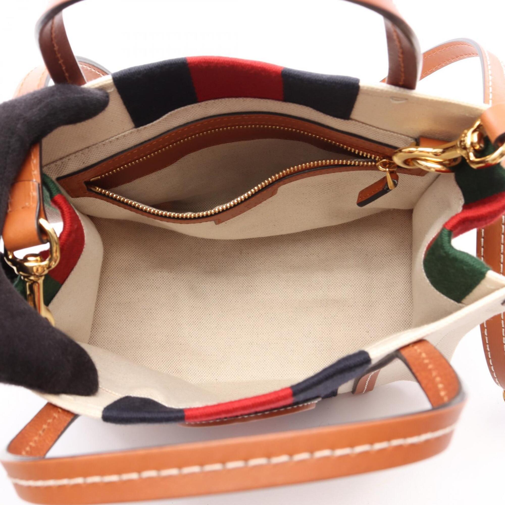 Gucci Brown Multi-Color White Canvas Leather Handbag Tote Bag (Pre-Owned)
