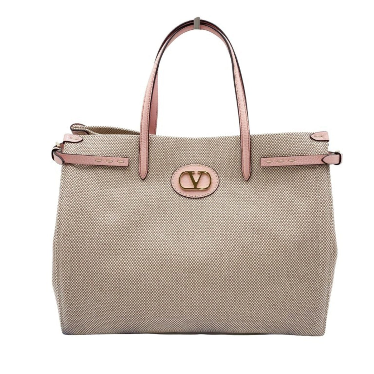 Valentino Garavani Beige Pink Canvas Leather Handbag Shoulder Bag Tote Bag (Pre-Owned)