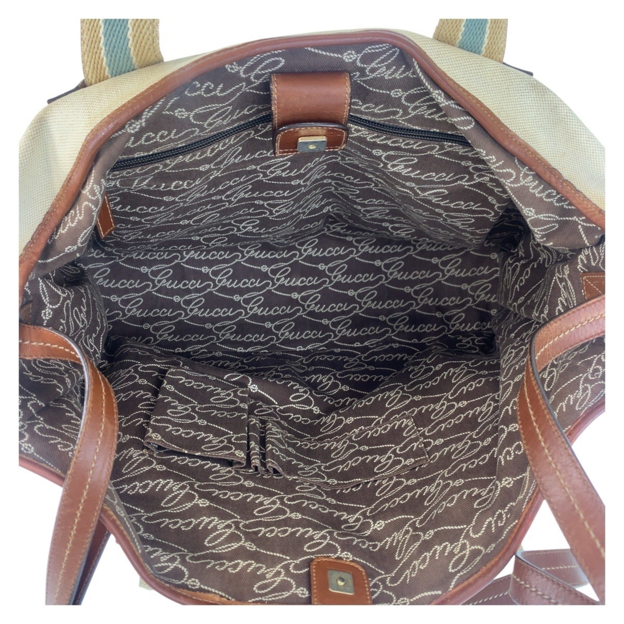 Gucci Beige Brown Canvas Leather Shoulder Bag Tote Bag (Pre-Owned)