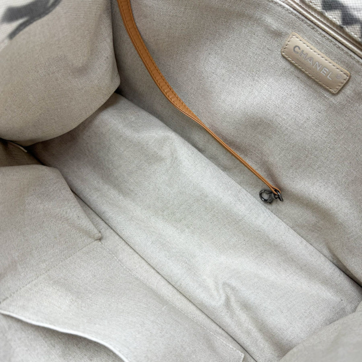 Chanel Brown Gray Ivory Canvas Leather Handbag Shoulder Bag (Pre-Owned)