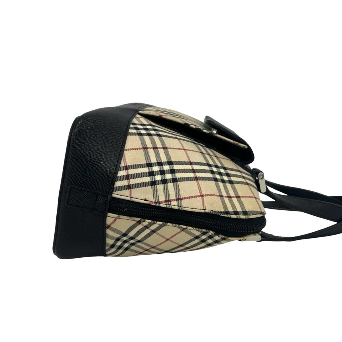 Burberry Beige Black Canvas Leather Boston Bag Handbag (Pre-Owned)