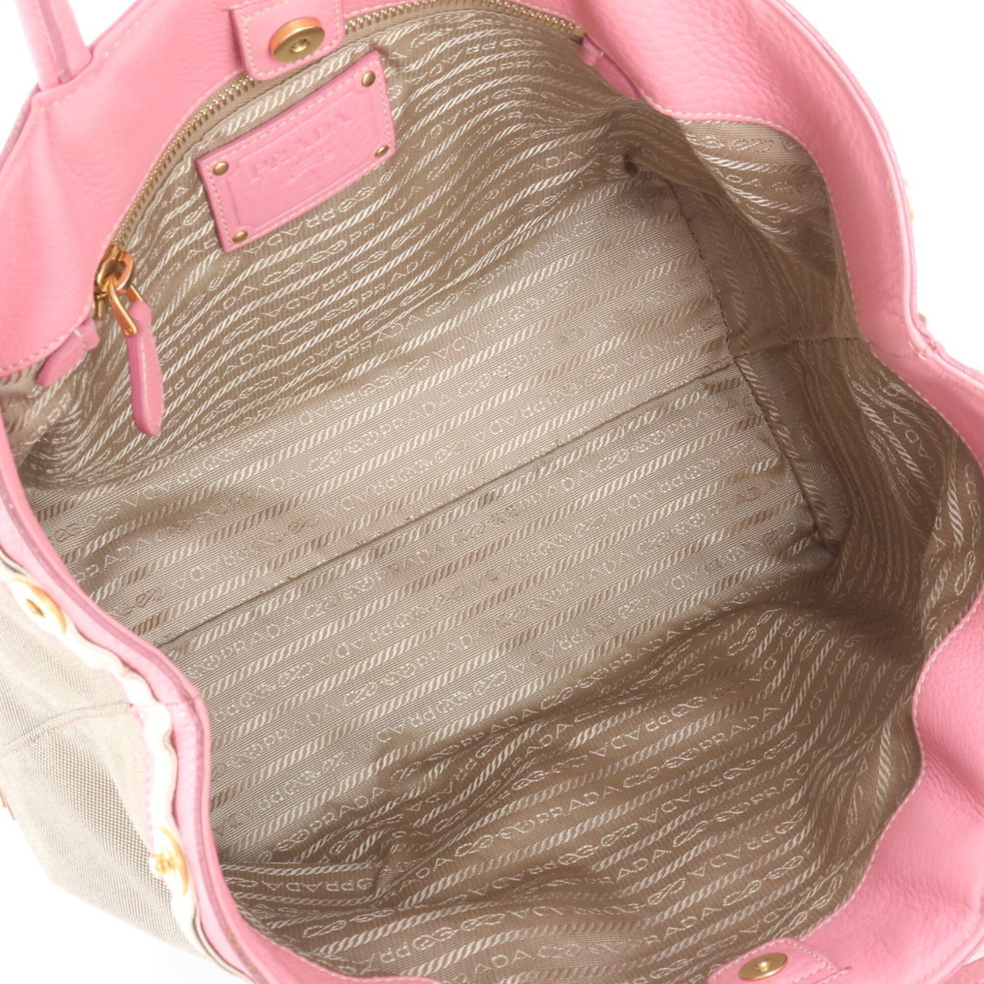 Prada Beige Pink Canvas Leather Handbag Tote Bag (Pre-Owned)