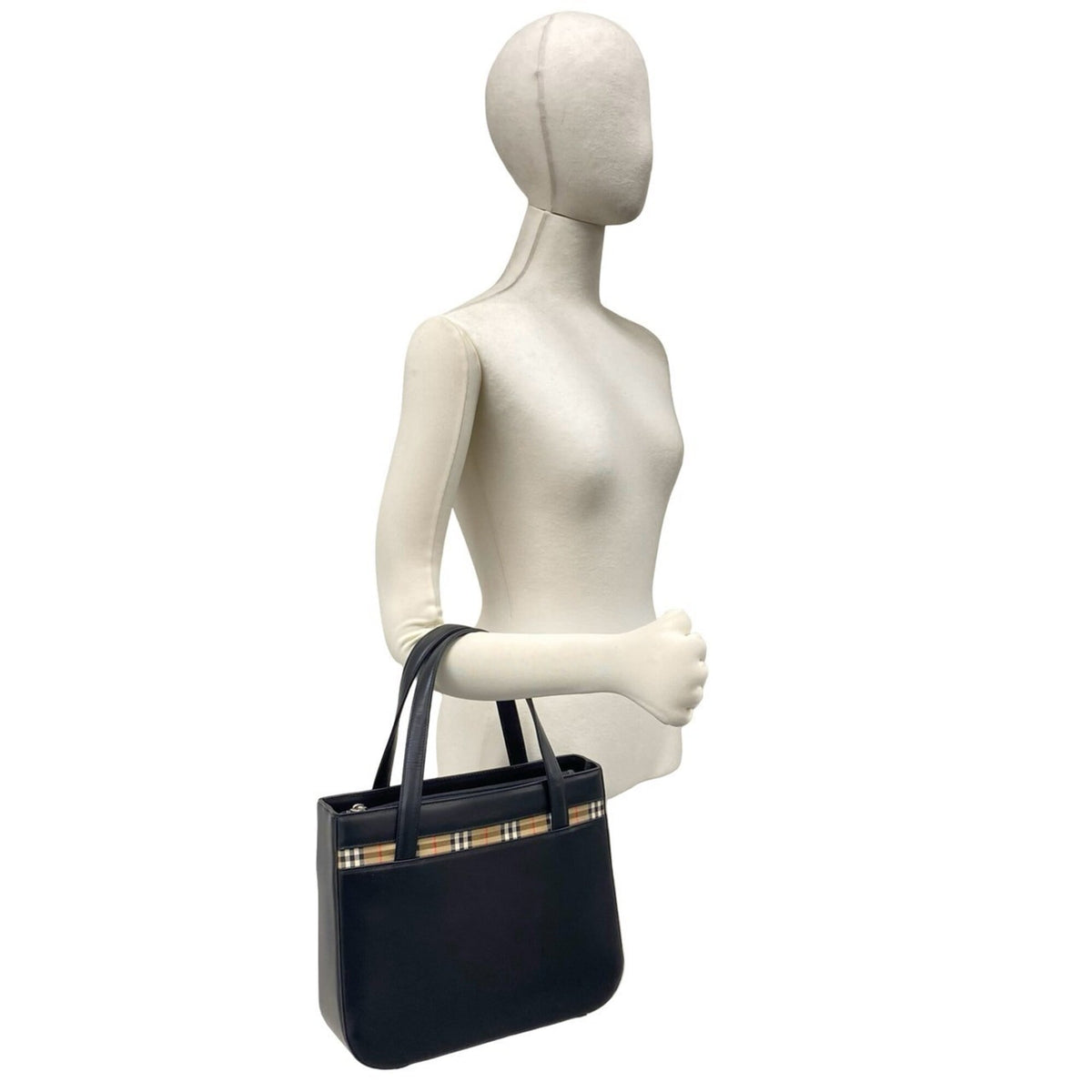 Burberry Beige Black Leather Canvas Handbag (Pre-Owned)