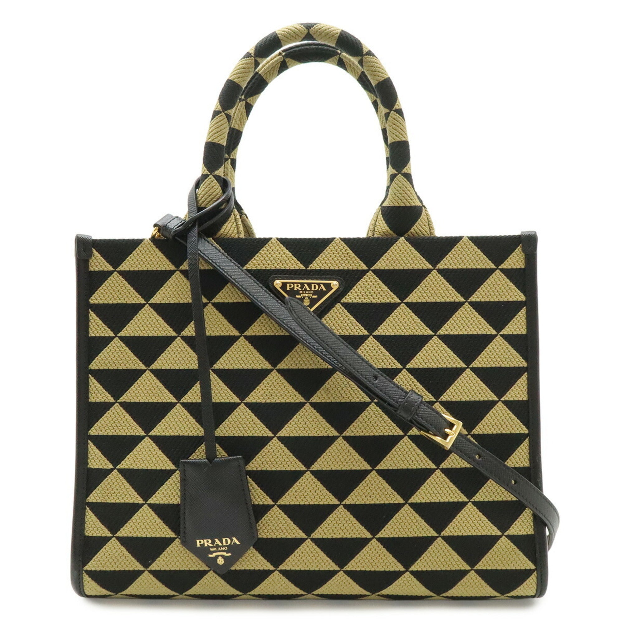 Prada Beige Black Nero Jacquard Leather Handbag Tote Bag (Pre-Owned)