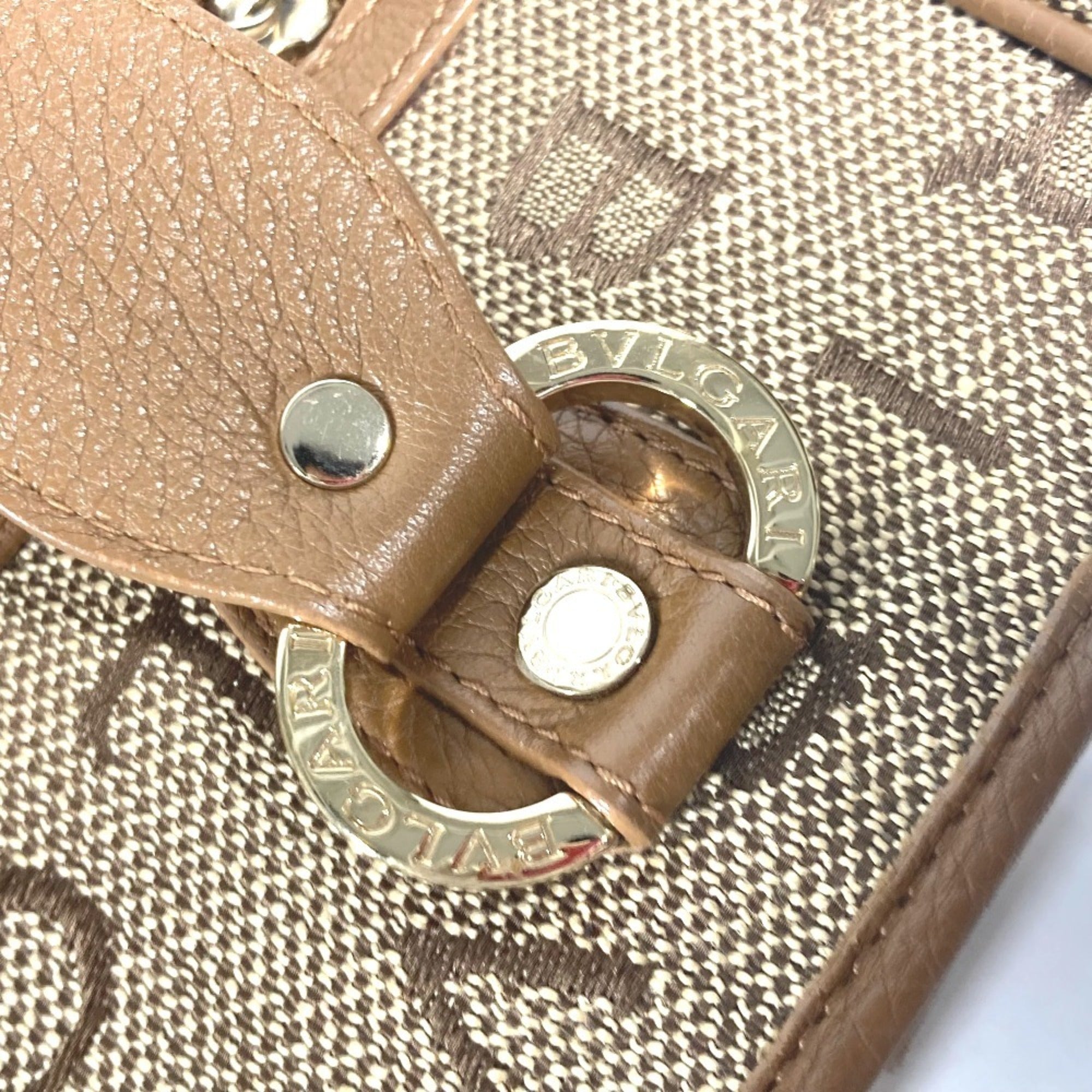 Bvlgari Logomania Beige Leather Canvas Shoulder Bag Tote Bag (Pre-Owned)