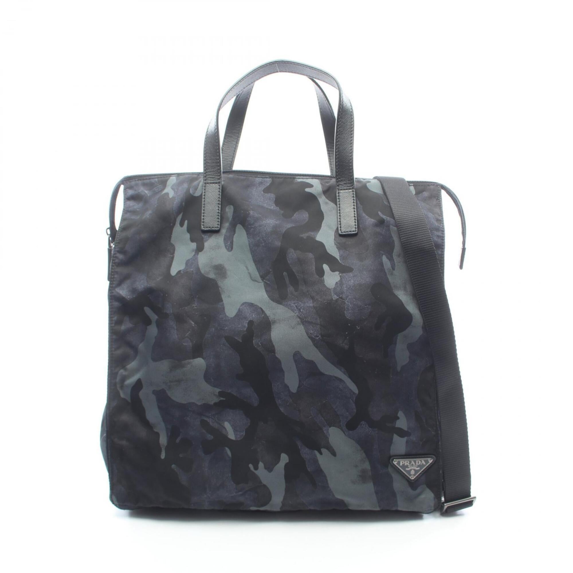 Prada Black Multi-Color Nylon Leather Handbag Tote Bag (Pre-Owned)