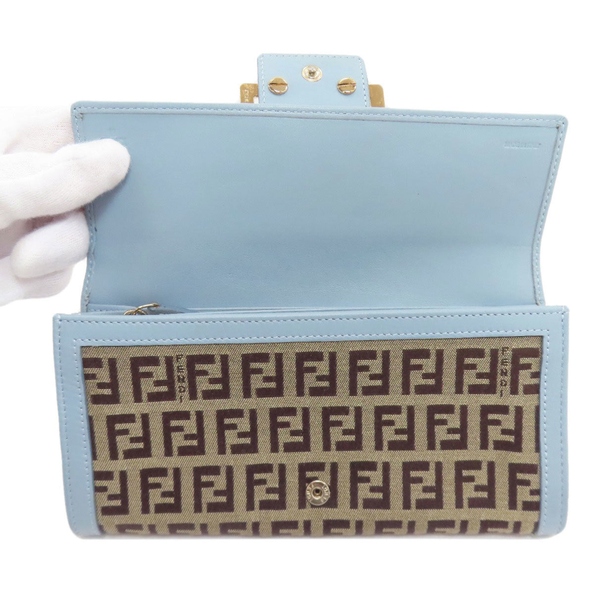 Fendi Zucchino Brown Light Blue Zucchino Long Wallet (Bi-Fold) (Pre-Owned)