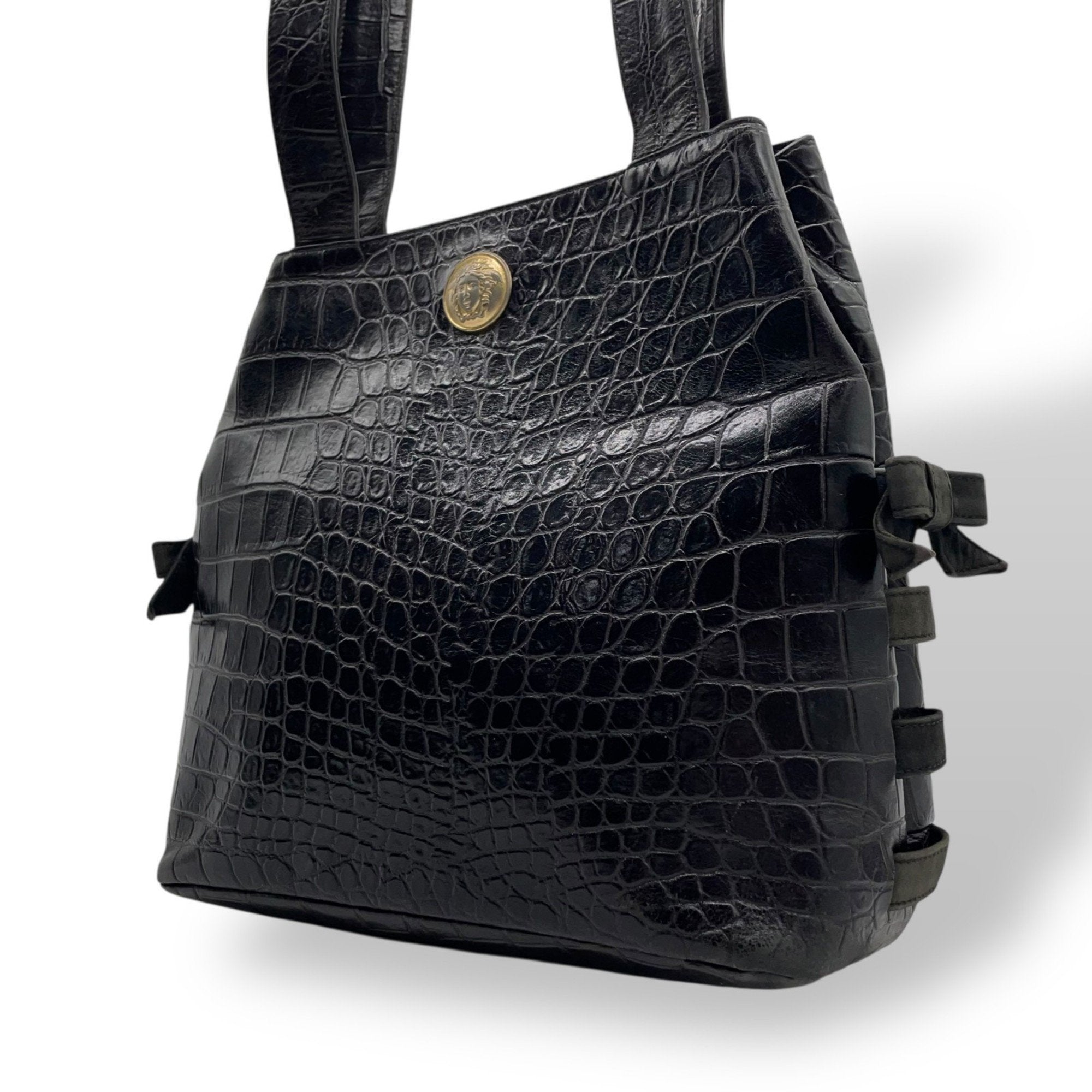 Versace Black Leather Handbag Tote Bag (Pre-Owned)