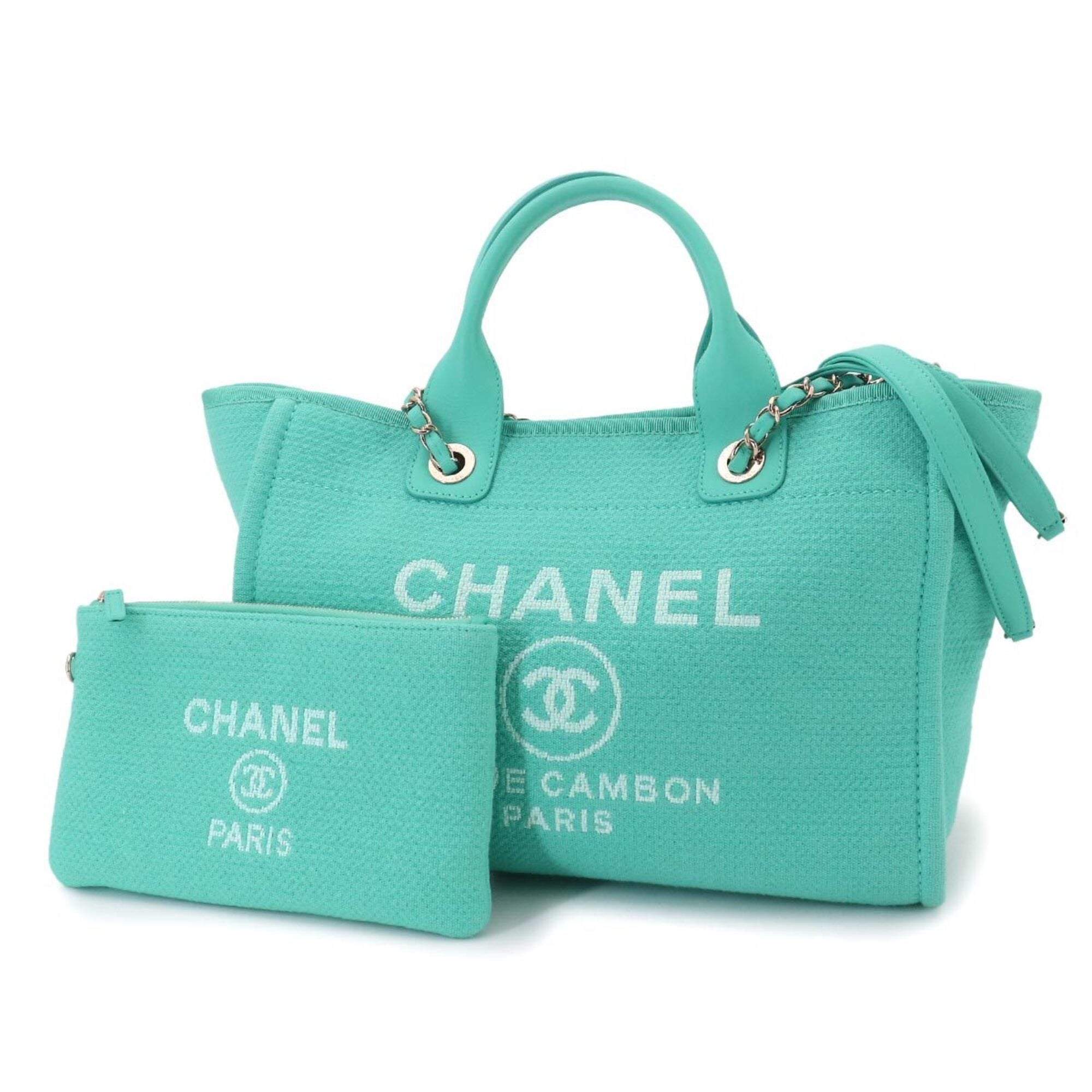Chanel Blue Turquoise Canvas Leather Shopping Bag Shoulder Bag Tote Bag (Pre-Owned)