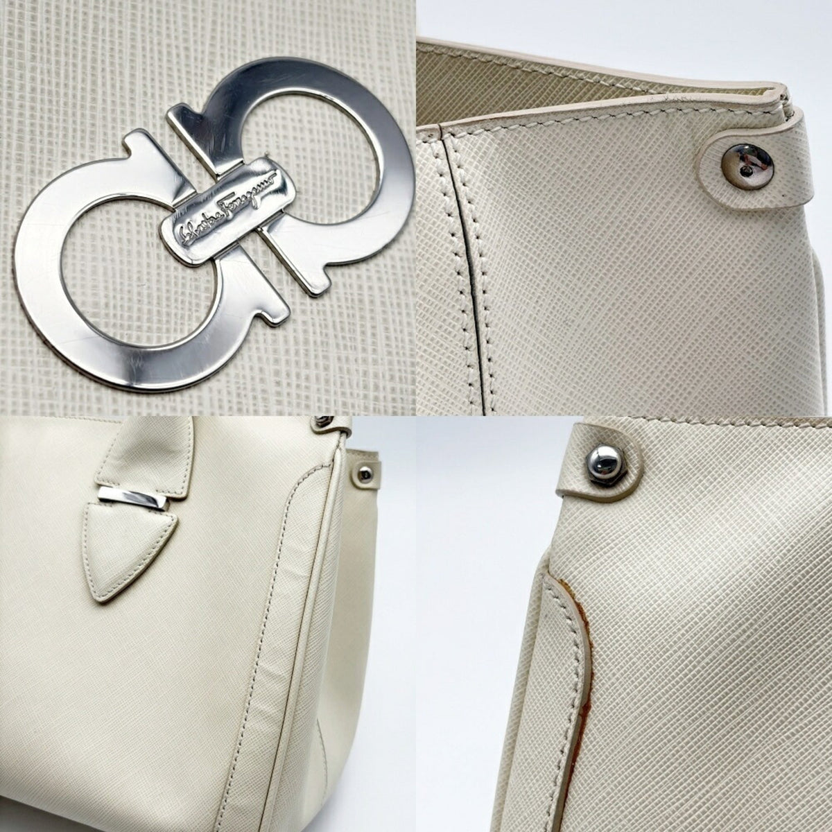 Salvatore Ferragamo Gancini Ivory Leather Tote Bag (Pre-Owned)