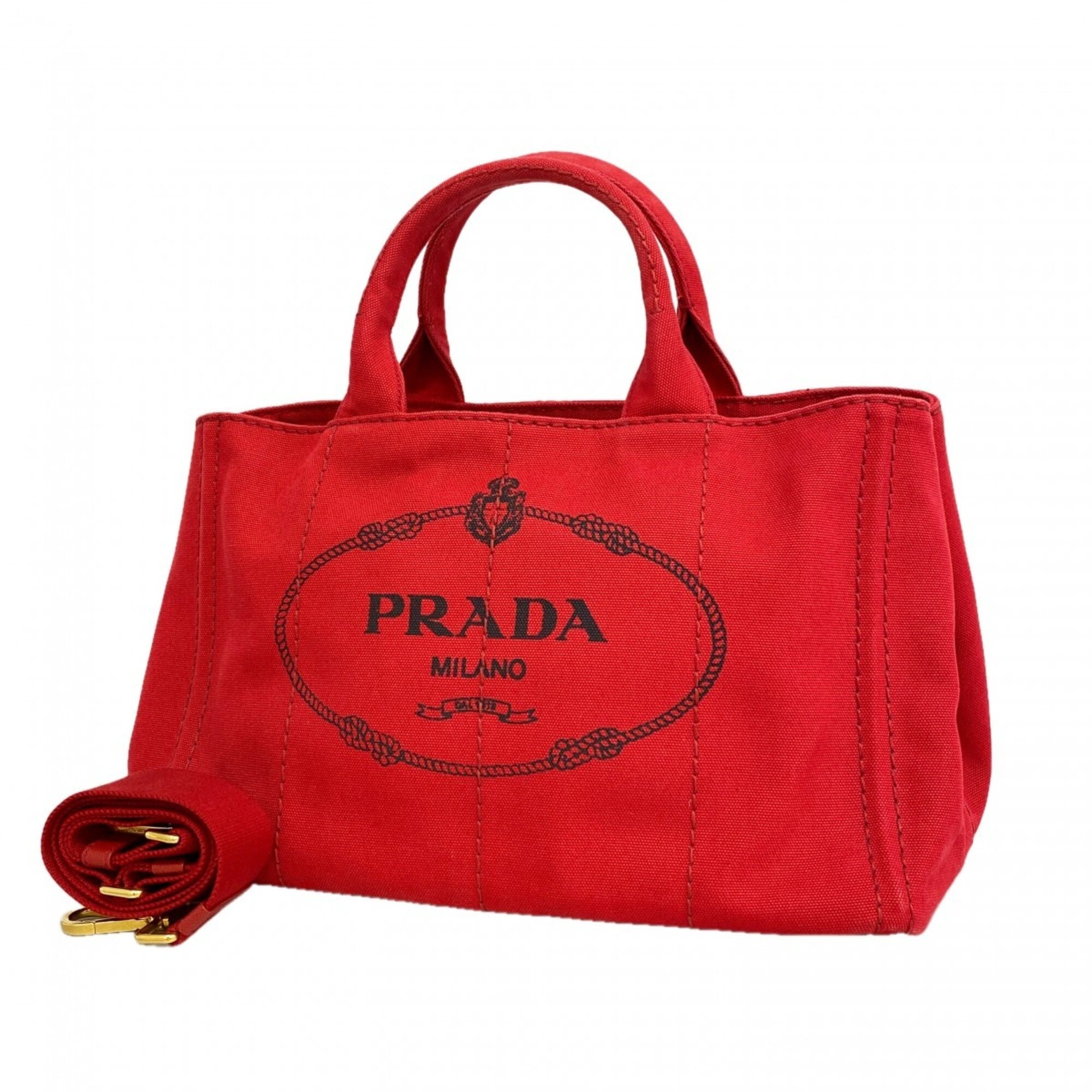 Prada Red Color Canvas Tote Bag (Pre-Owned)