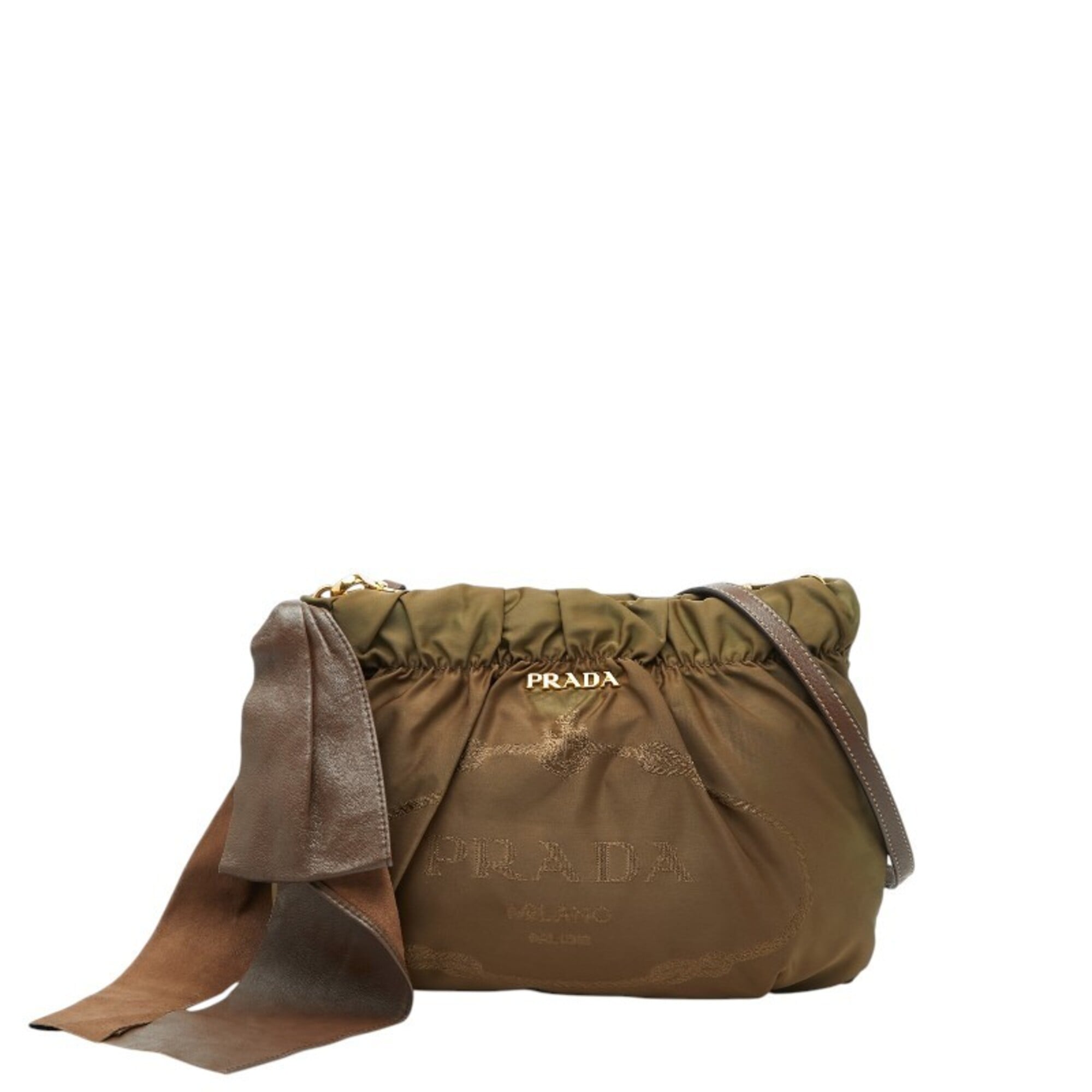 Prada Khaki Brown Leather Nylon Shoulder Bag (Pre-Owned)