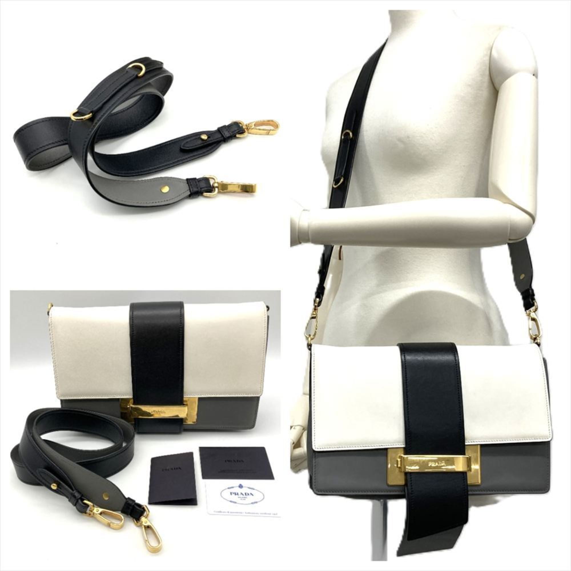 Prada Gray Multi-Color White Leather Shoulder Bag (Pre-Owned)