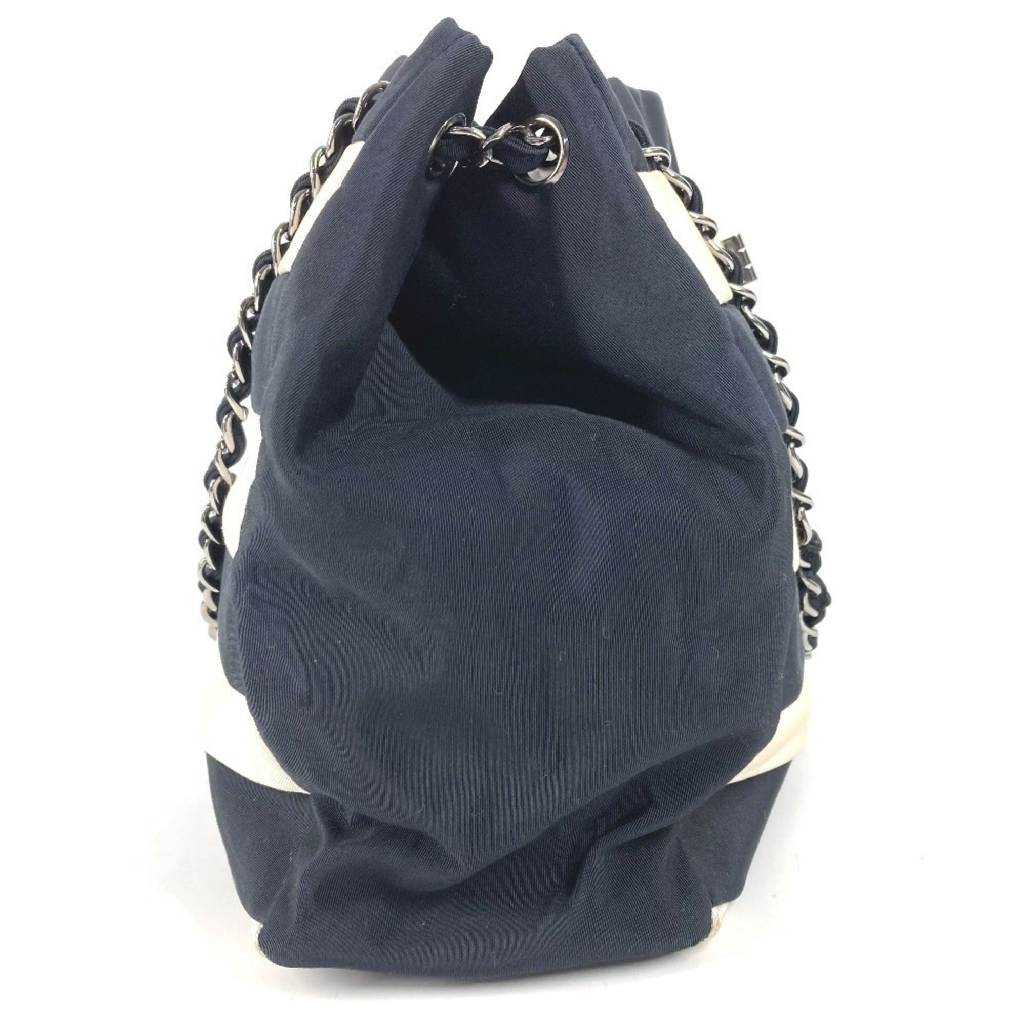 Chanel 2.55 Black White Nylon Canvas Shoulder Bag Tote Bag (Pre-Owned)