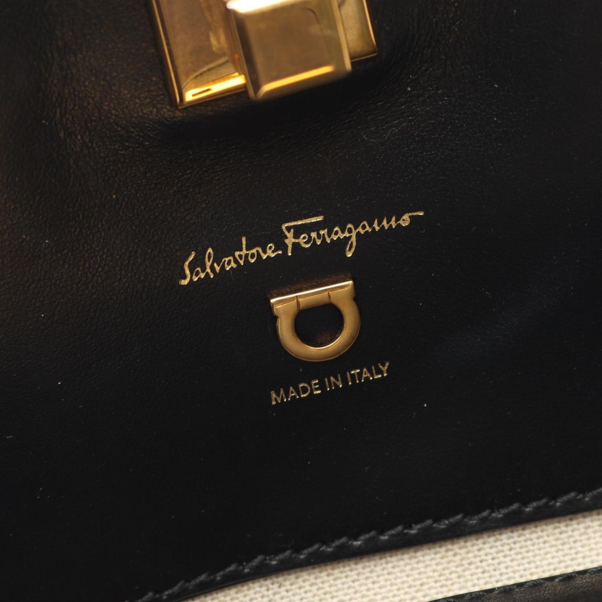 Salvatore Ferragamo Beige Black Canvas Leather Pouch Tote Bag (Pre-Owned)
