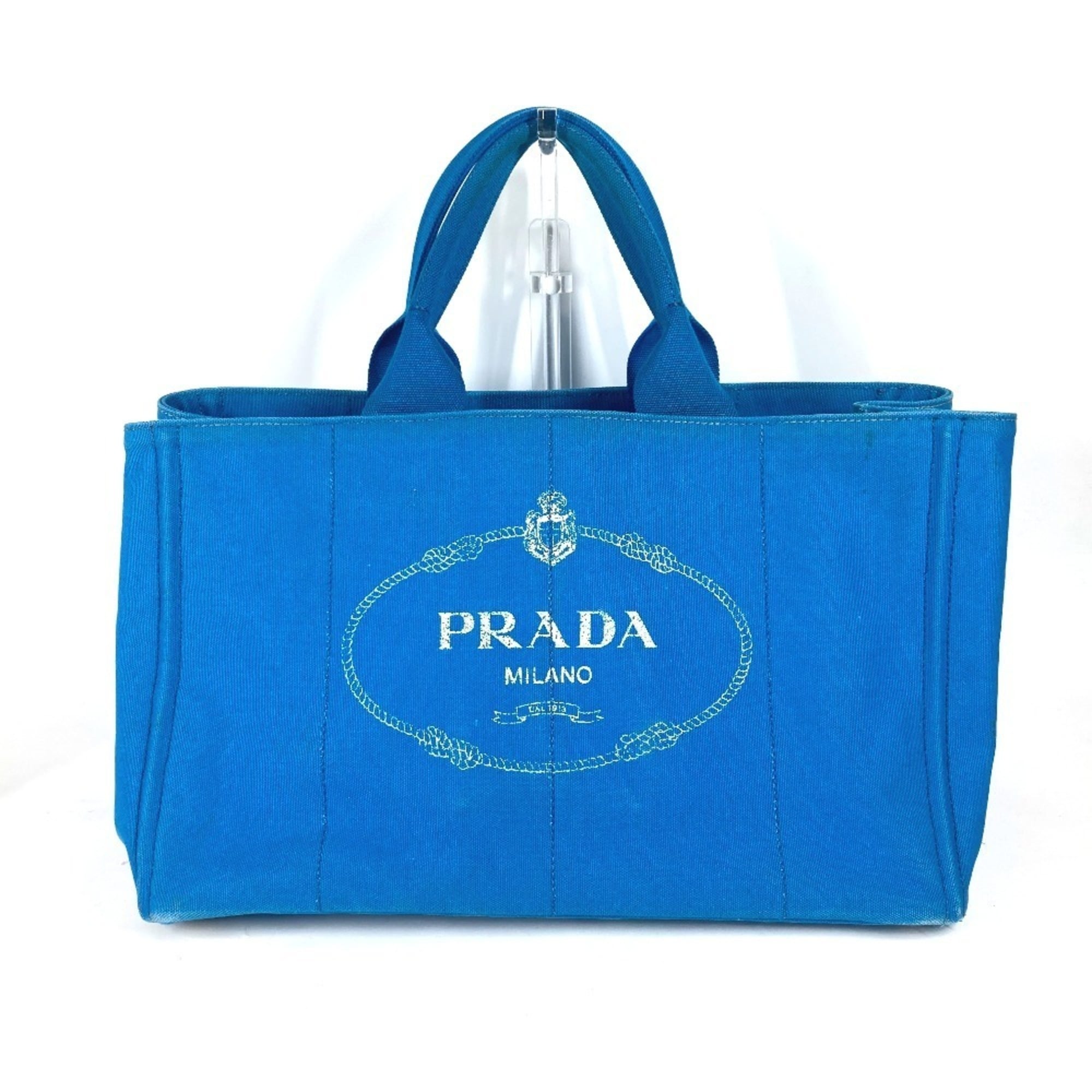 Prada Blue White Canvas Shoulder Bag Tote Bag (Pre-Owned)