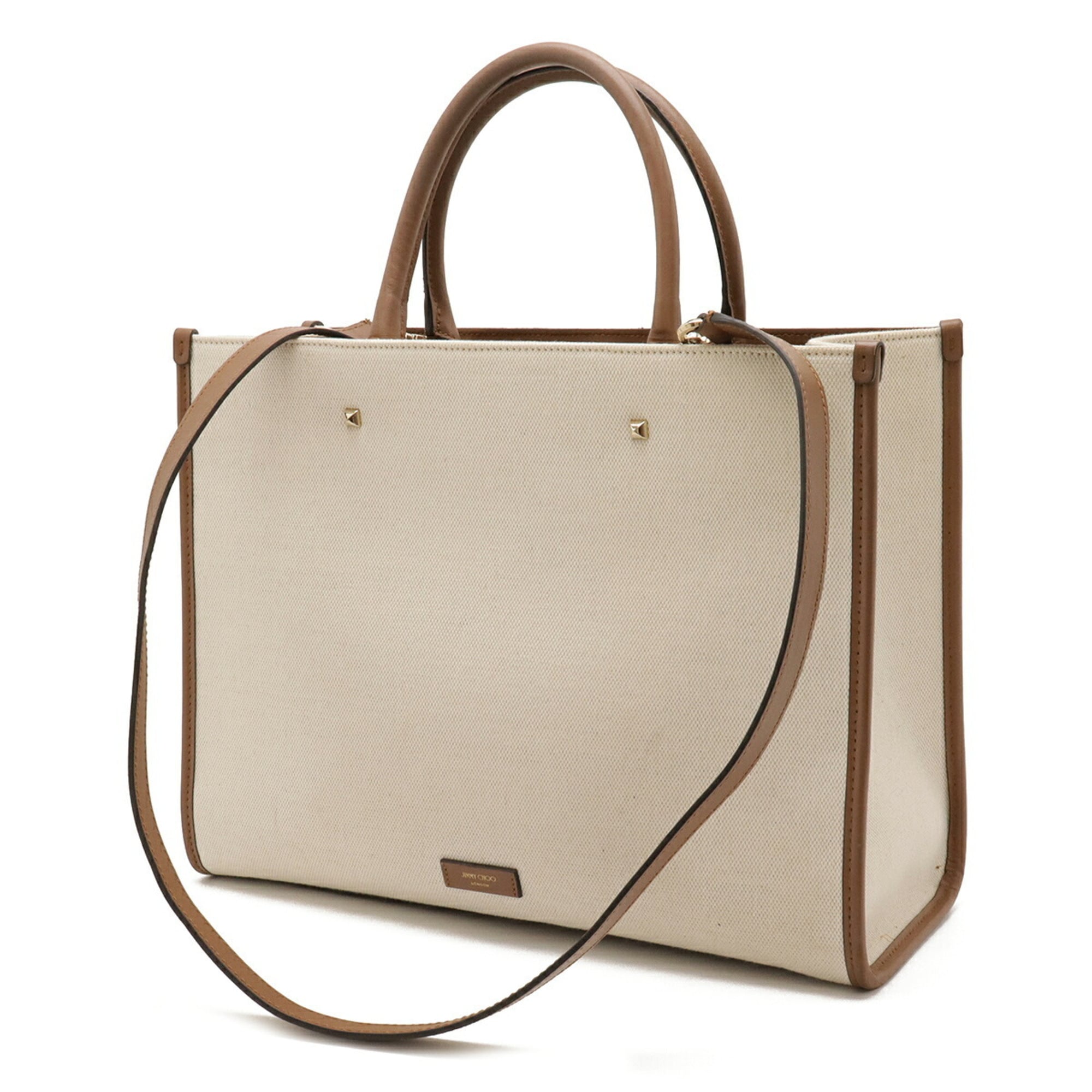 Jimmy Choo Beige Brown Canvas Leather Shoulder Bag Tote Bag (Pre-Owned)